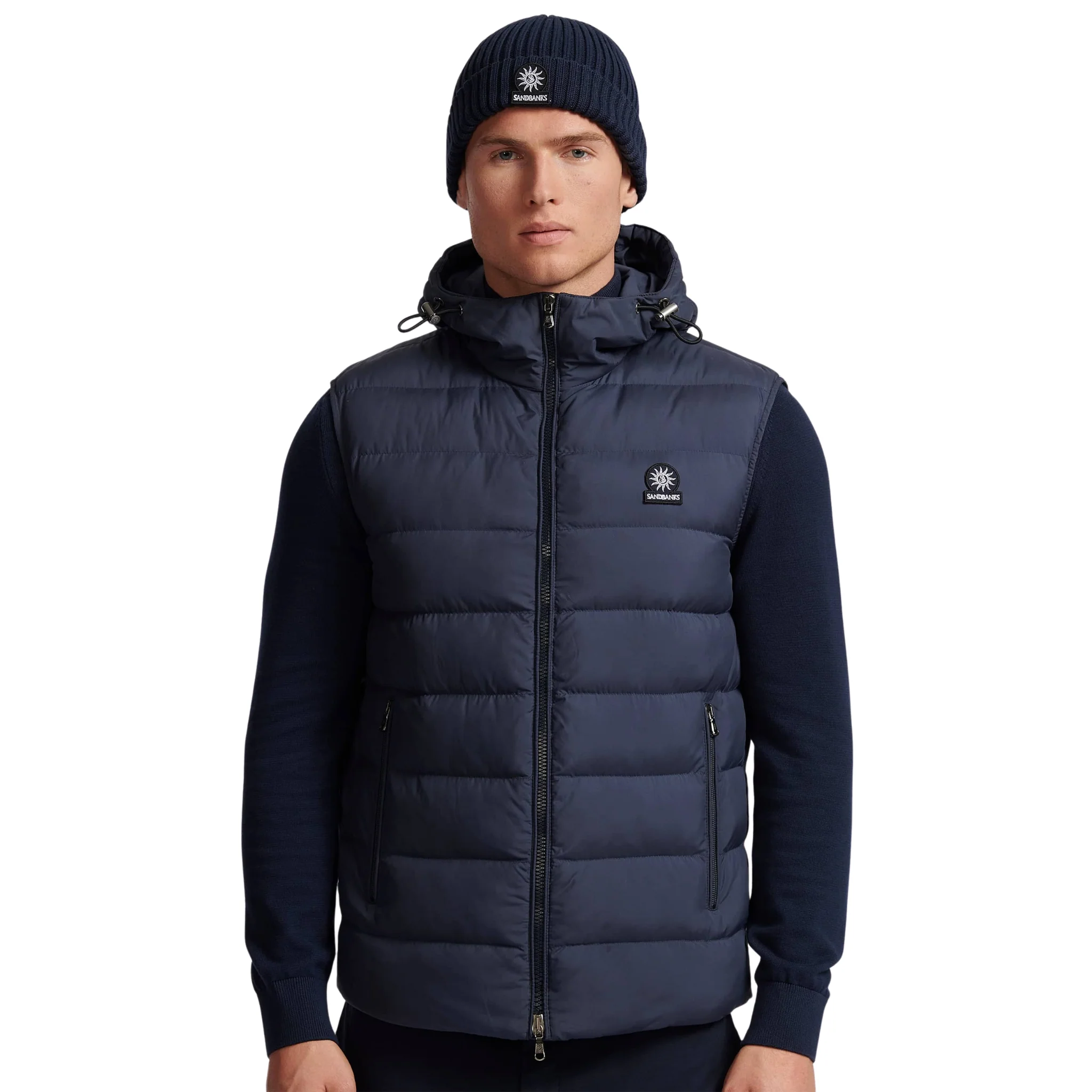 Mens Sandbanks Navy Frontier Micro Puffer Hooded Gilet - Image 2