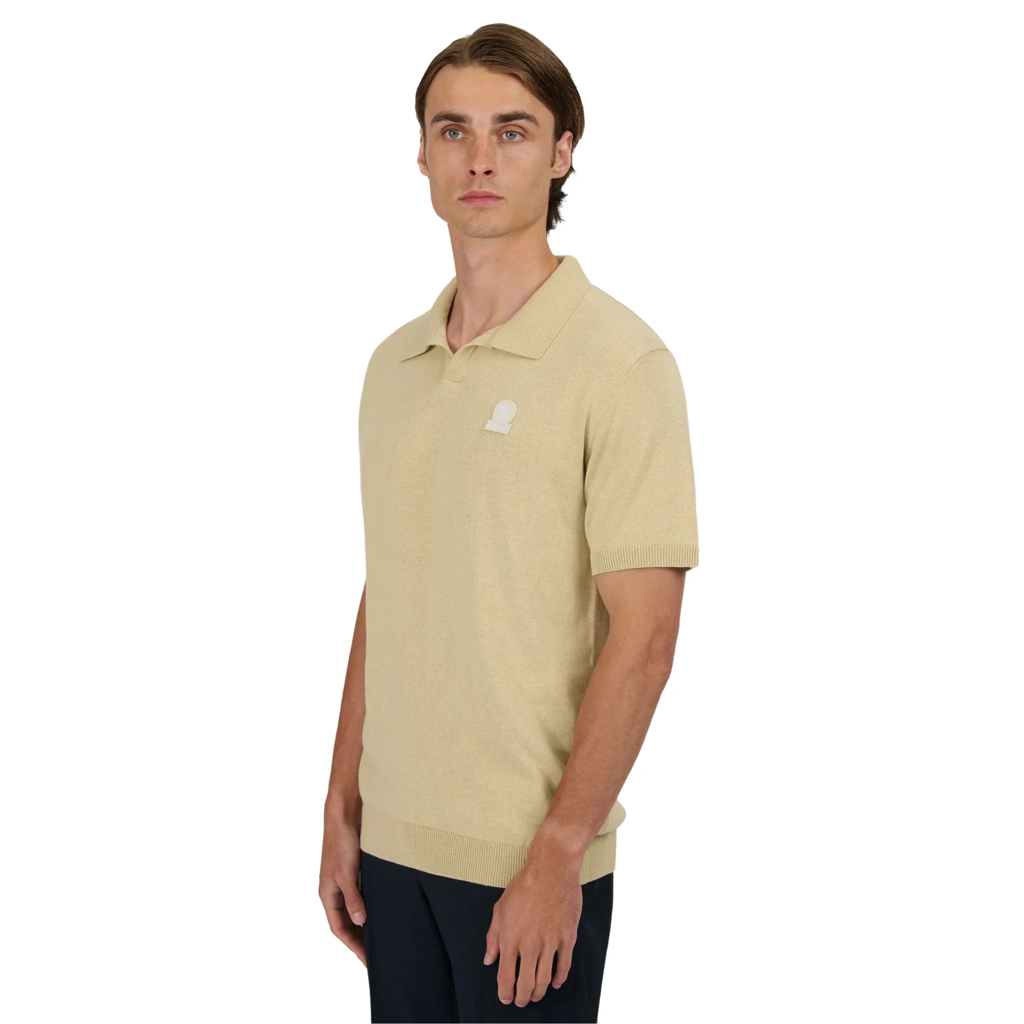 Mens Sandbanks Stone Knitted Revere Open Collar S/s Polo - Image 3