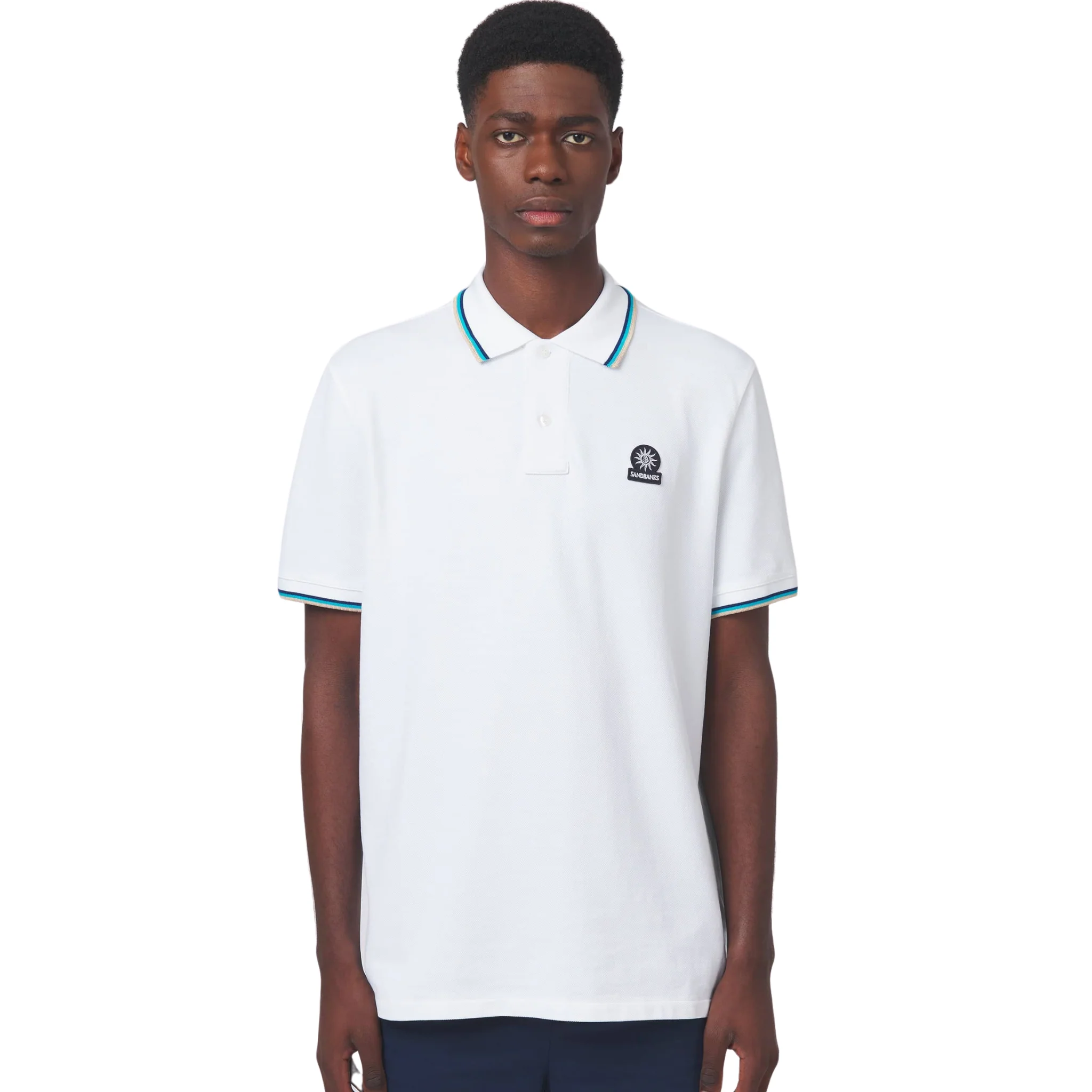 Mens Sandbanks White Badge Logo Tipped S/s Polo Shirt - Image 3
