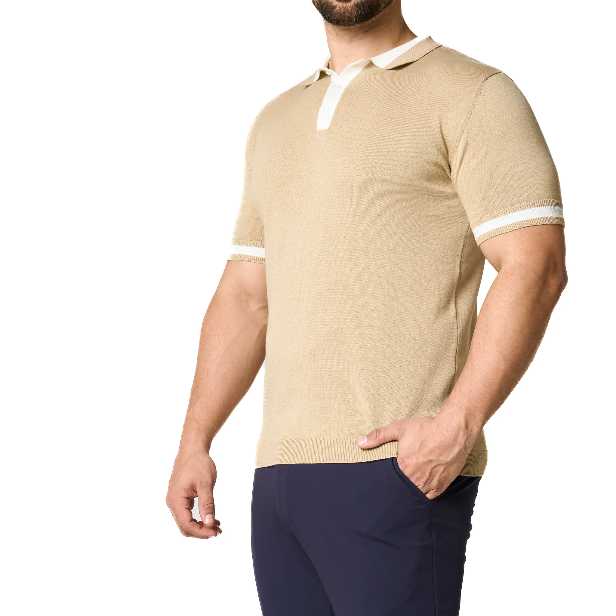 Mens SEINSE Beige/Off White Tipped Knitted S/s Polo - Image 2