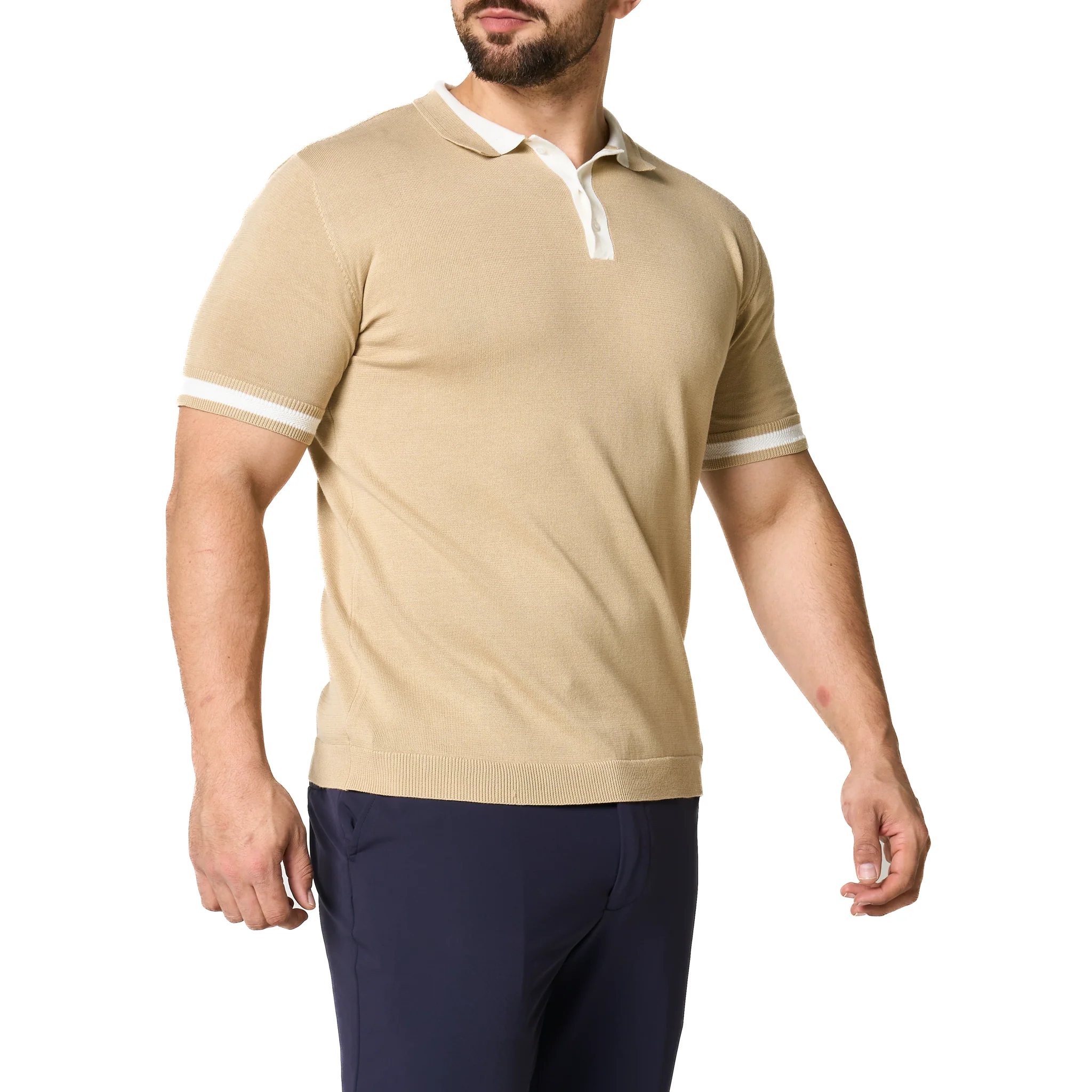 Mens SEINSE Beige/Off White Tipped Knitted S/s Polo - Image 4
