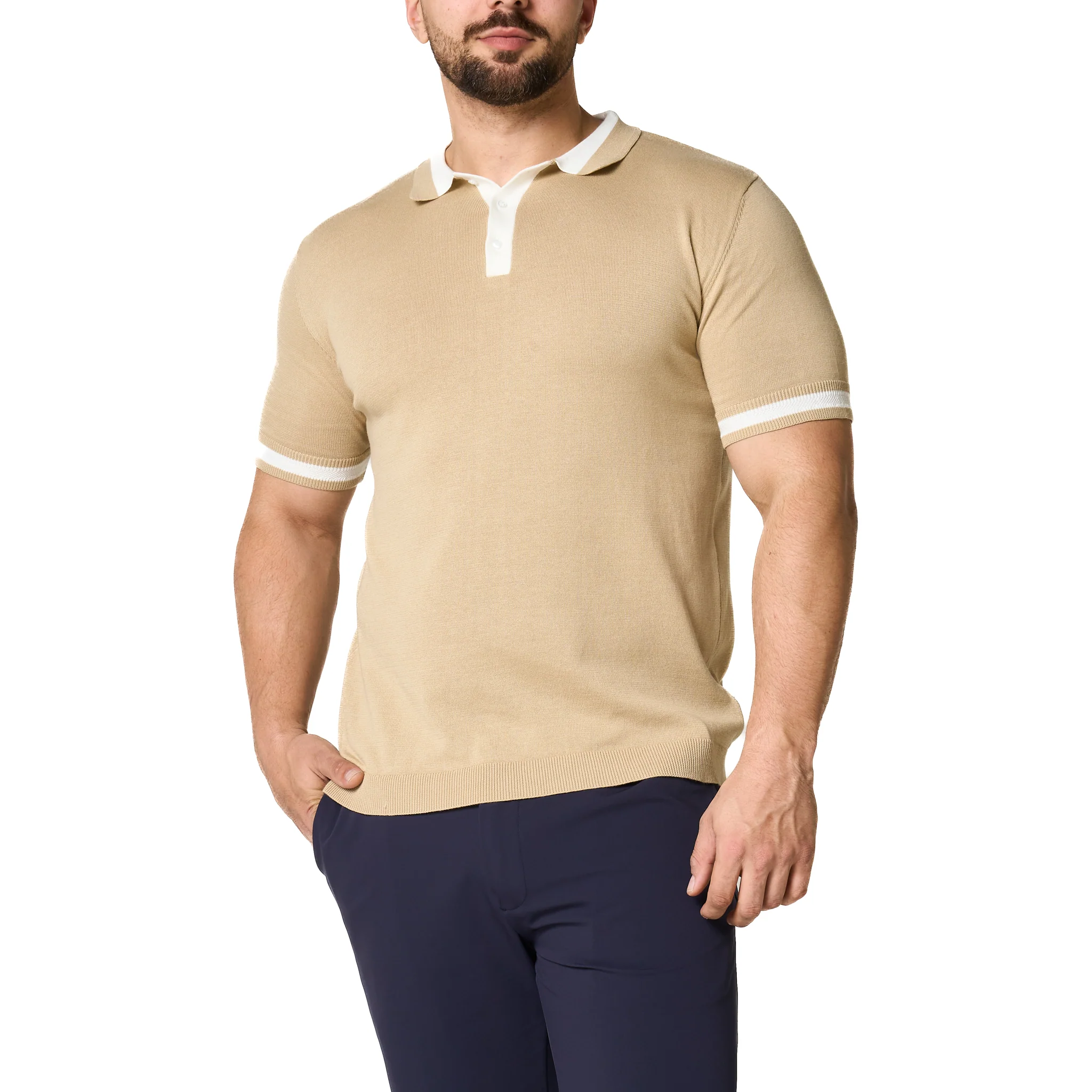 Mens SEINSE Beige/Off White Tipped Knitted S/s Polo - Image 5