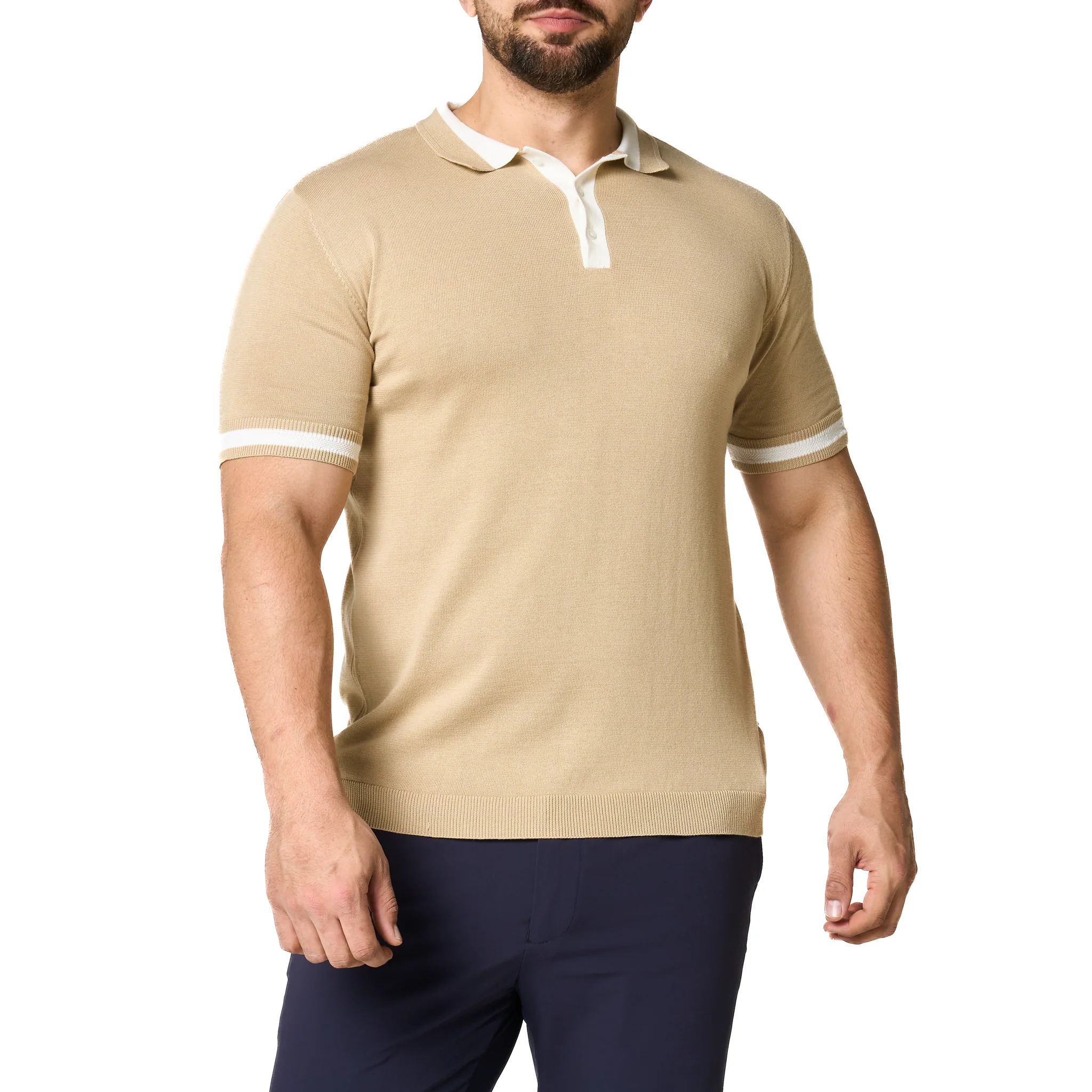 Mens SEINSE Beige/Off White Tipped Knitted S/s Polo - Image 6