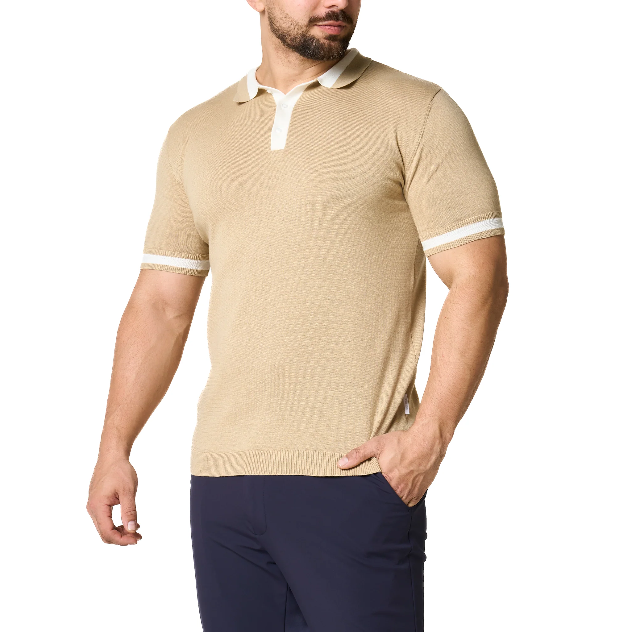 Mens SEINSE Beige/Off White Tipped Knitted S/s Polo - Image 7