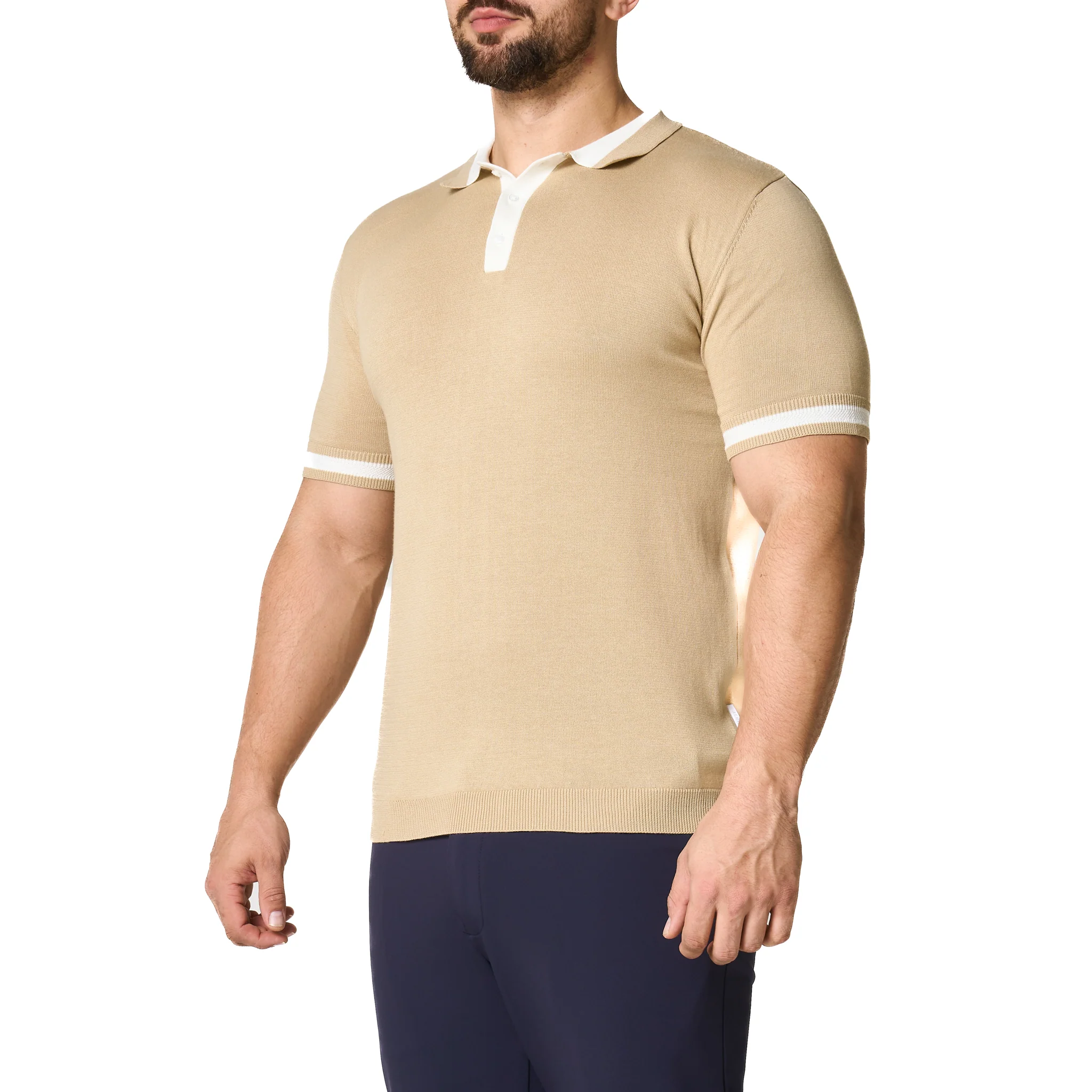 Mens SEINSE Beige/Off White Tipped Knitted S/s Polo - Image 8
