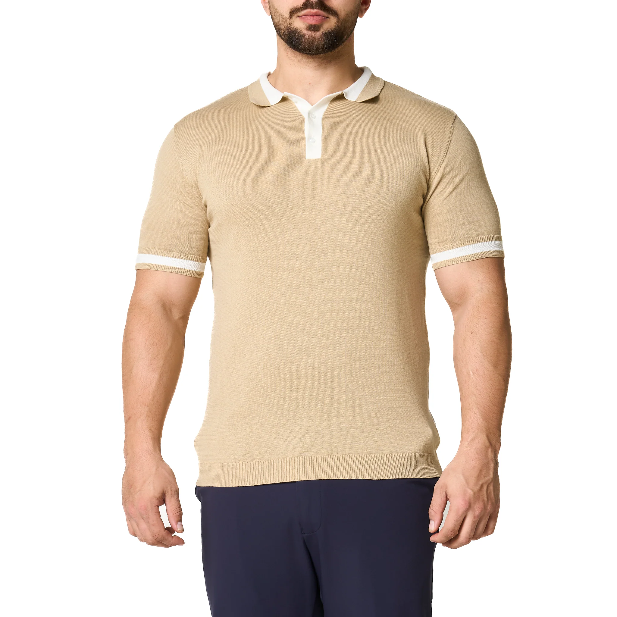 Mens SEINSE Beige/Off White Tipped Knitted S/s Polo - Image 9