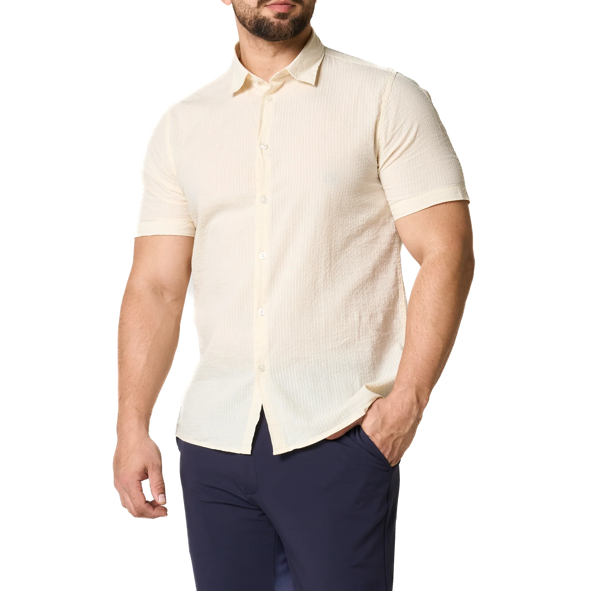 Mens SEINSE Beige Seersucker S/s Shirt - Image 6
