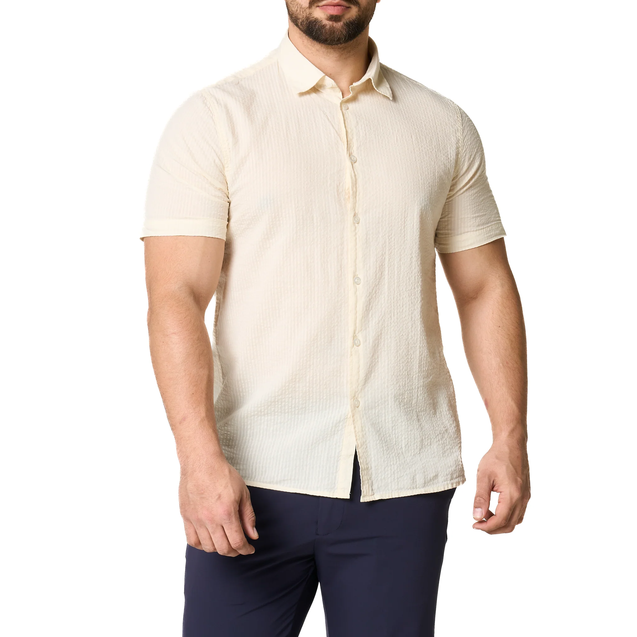 Mens SEINSE Beige Seersucker S/s Shirt - Image 7