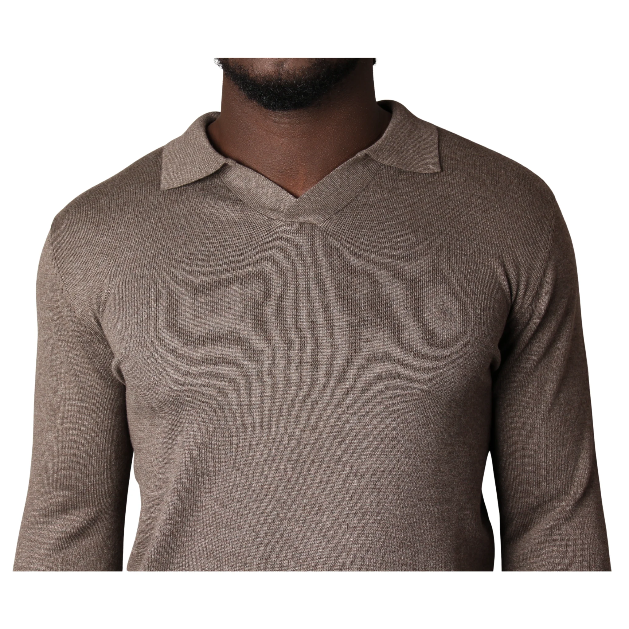 Mens SEINSE Brown Melange Open Collar Knitted L/s Polo Shirt - Image 3