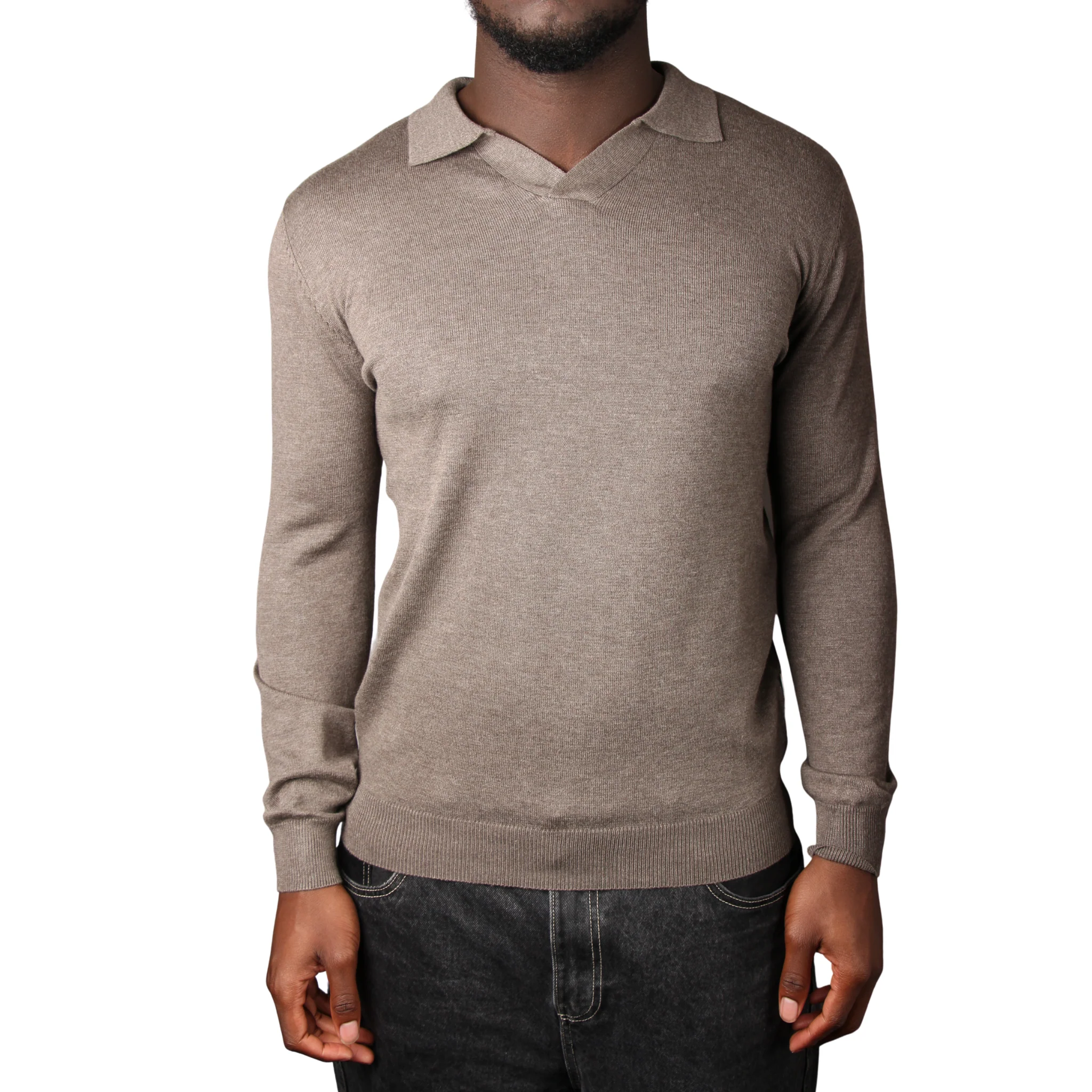 Mens SEINSE Brown Melange Open Collar Knitted L/s Polo Shirt - Image 4
