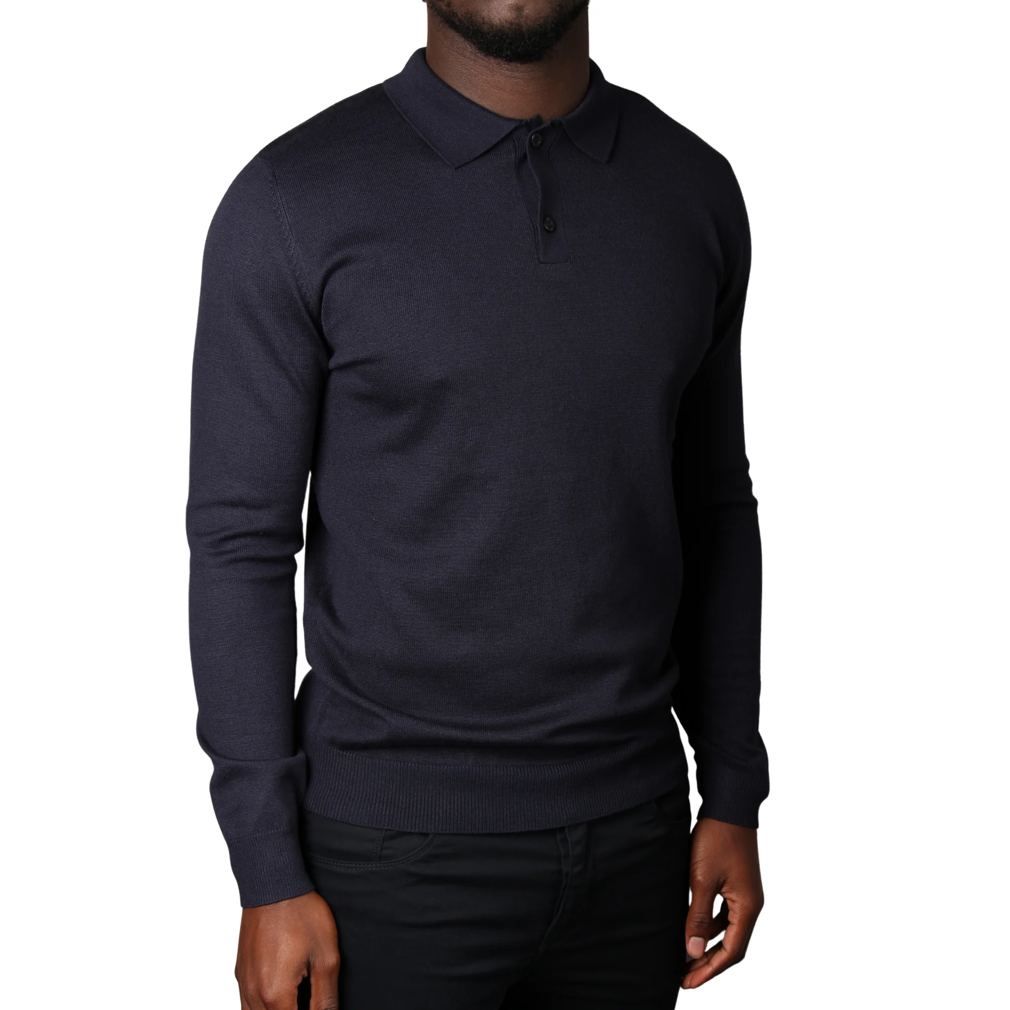 Mens SEINSE Navy Knitted L/s Polo Shirt - Image 3