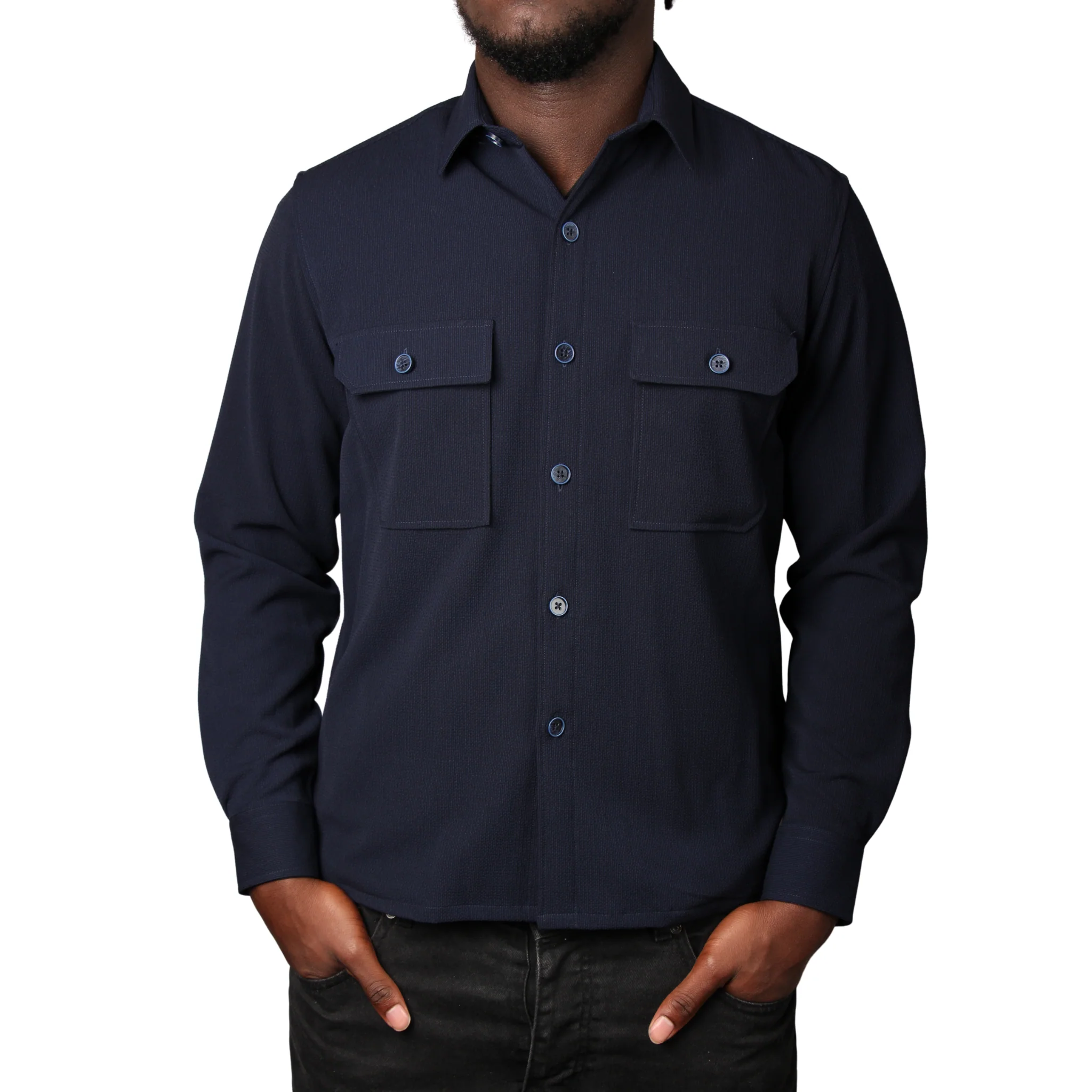Mens SEINSE Navy Seersucker Button Overshirt - Image 3