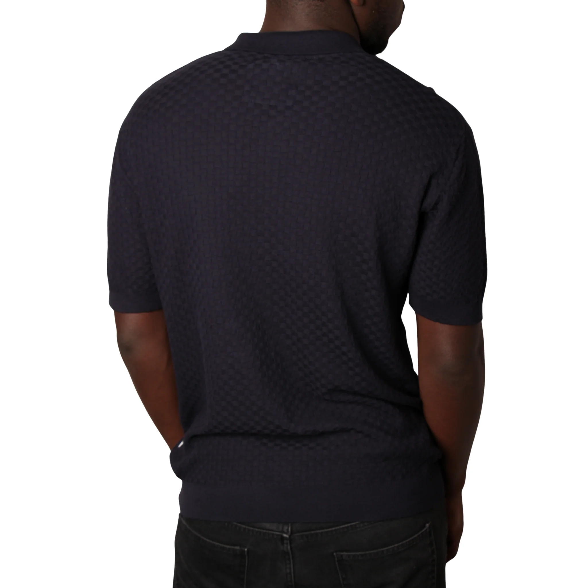 Mens SEINSE Navy Texture Knitted S/s Polo - Image 2