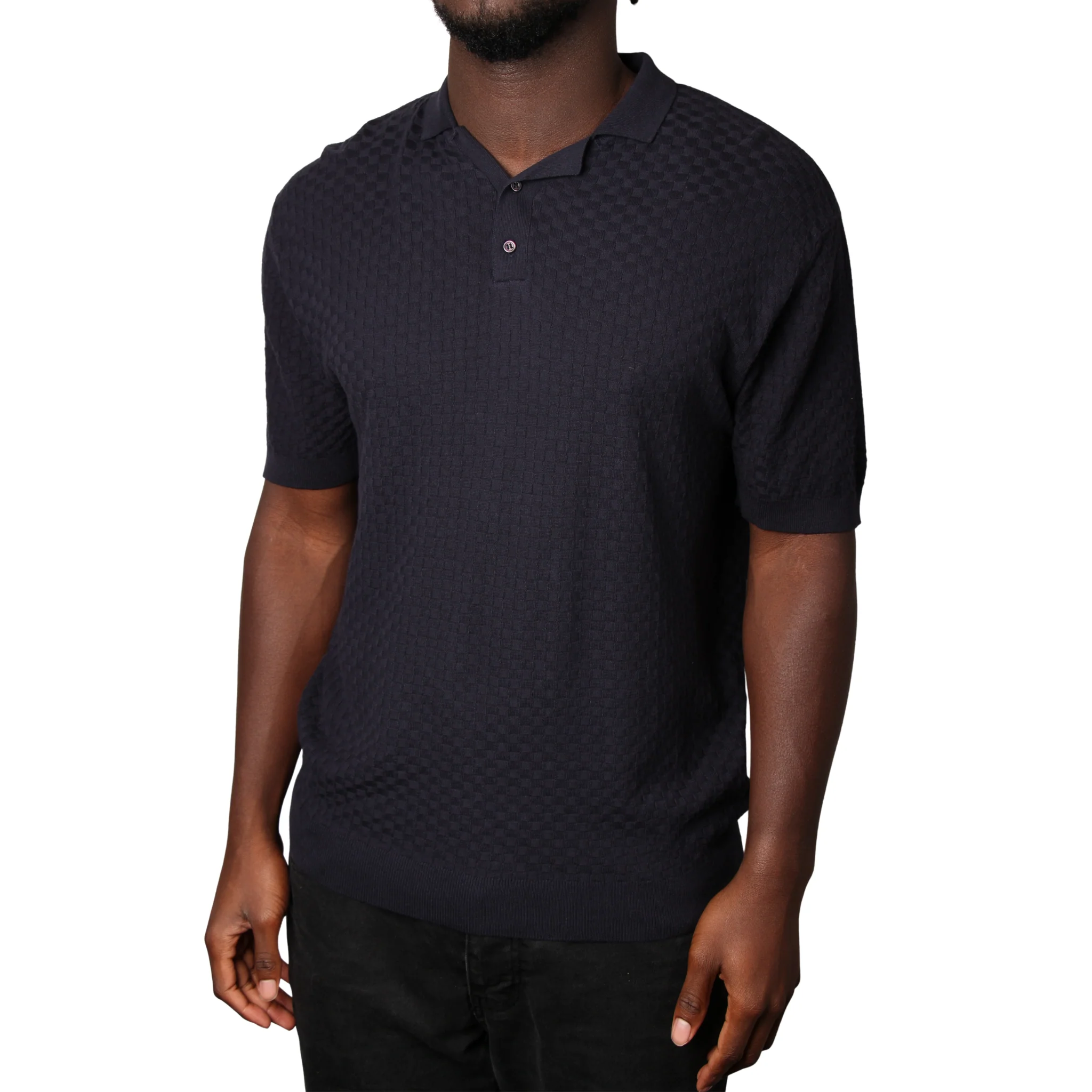 Mens SEINSE Navy Texture Knitted S/s Polo - Image 3