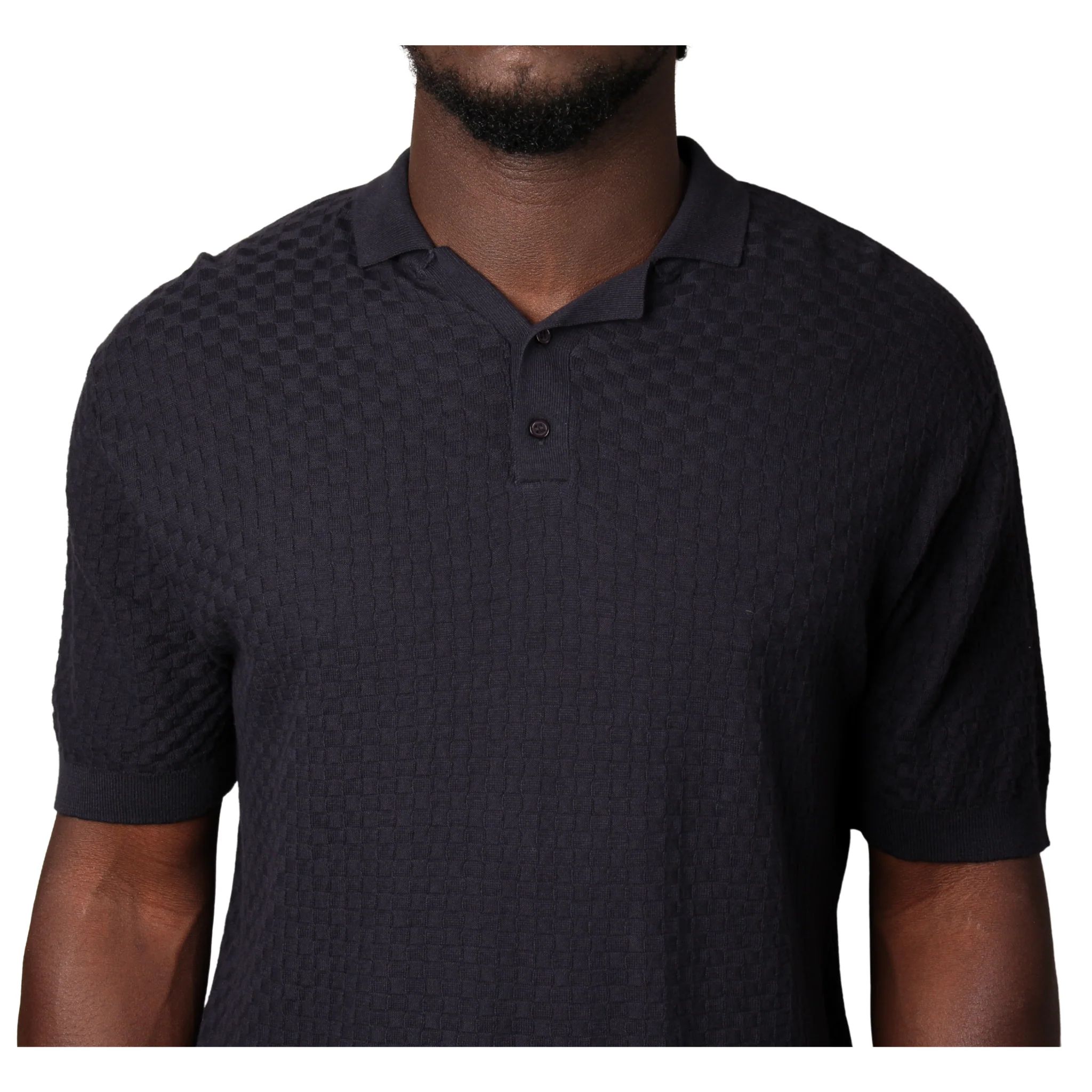 Mens SEINSE Navy Texture Knitted S/s Polo - Image 4