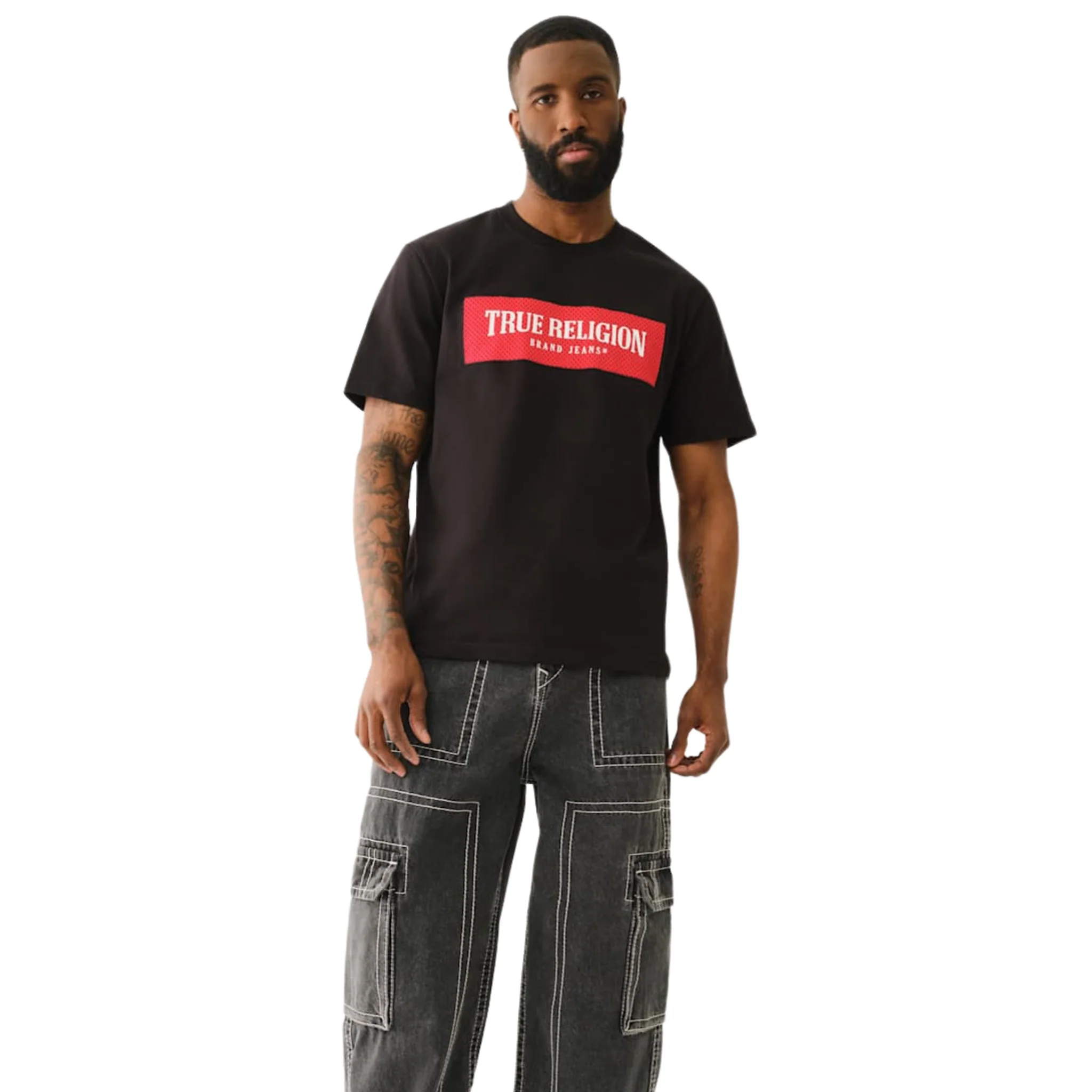Mens True Religion Jet Black Mesh Box Logo S/s T Shirt - Image 4