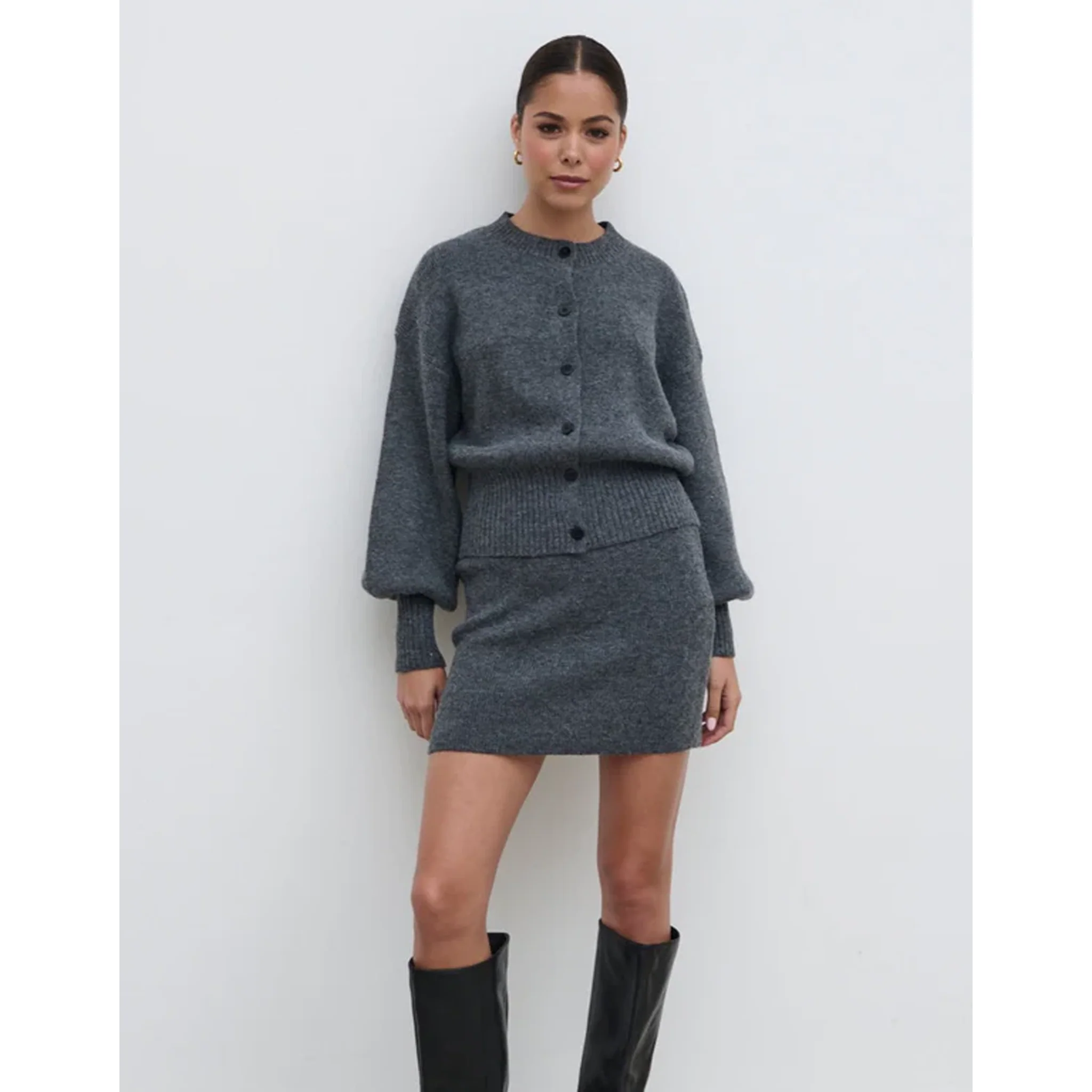 Womens Pretty Lavish Charcoal Etta Knit Co-ord Bomber Jacket - Image 3