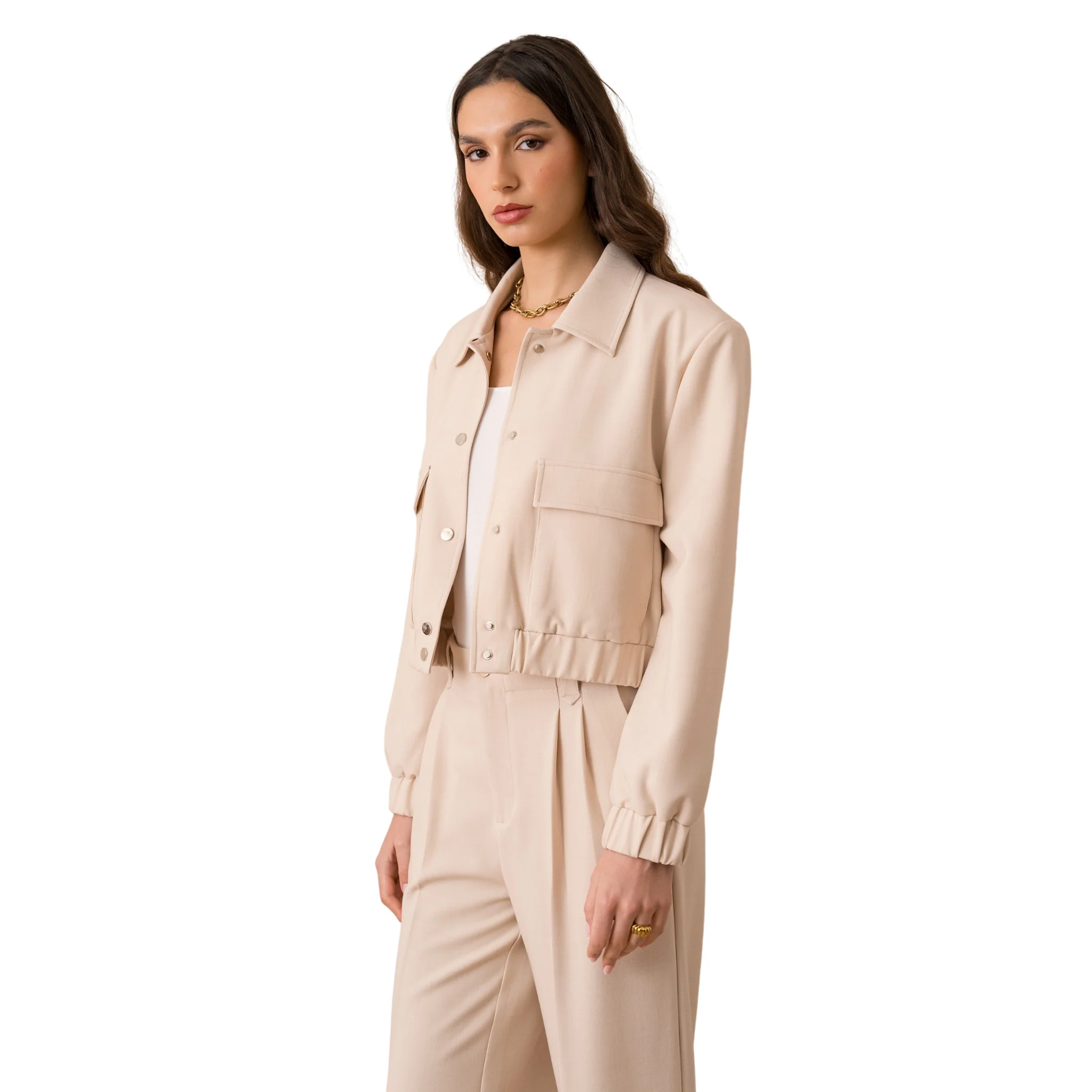 Womens Attentif Beige Snap Button Cropped Jacket - Image 2