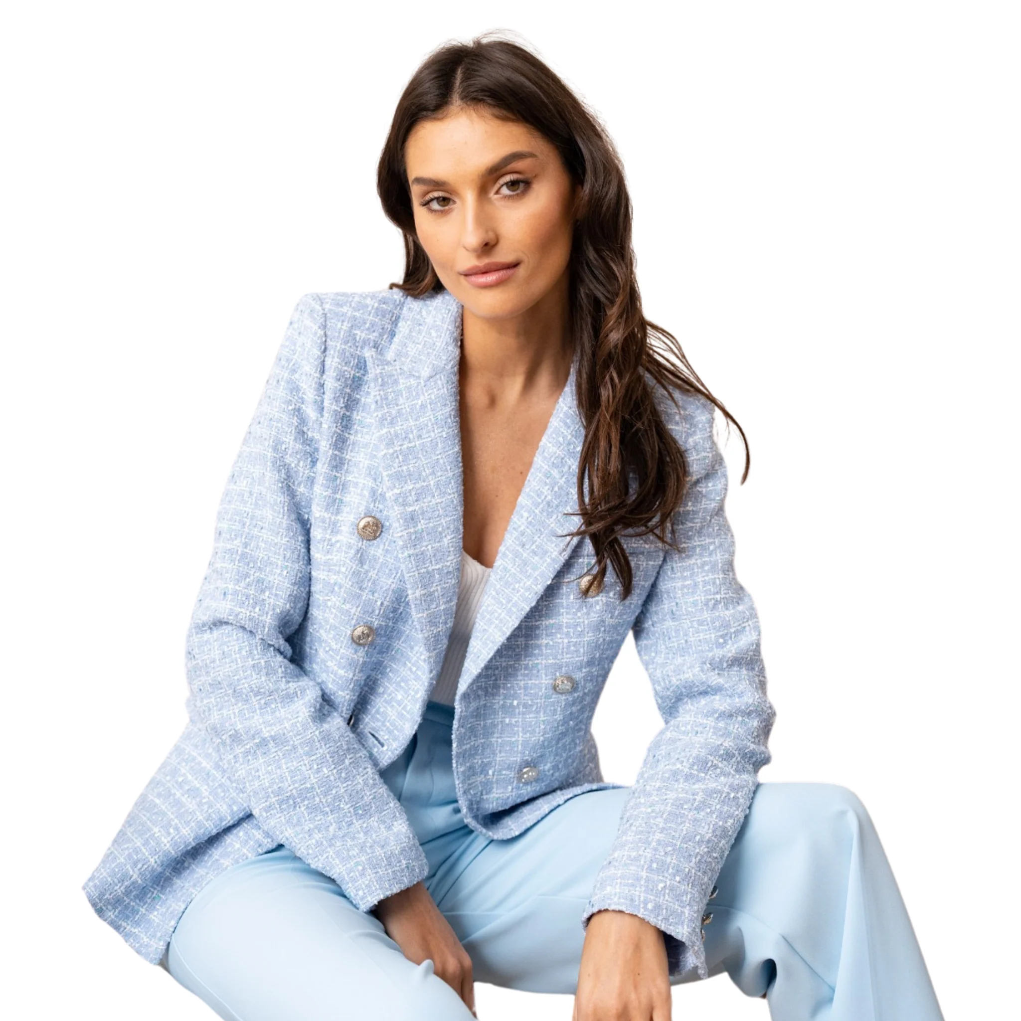 Womens Attentif Blue Woven Blazer - Image 2