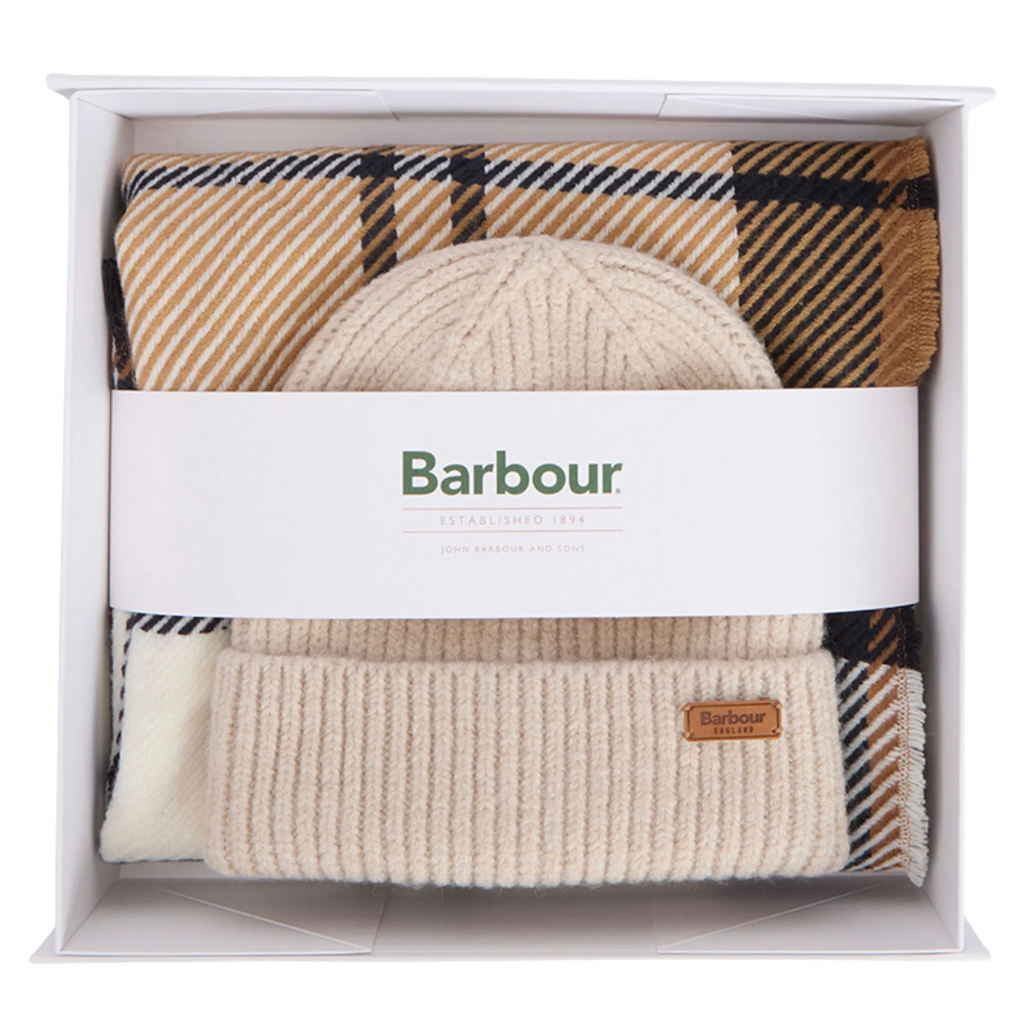 Womens Barbour Hessian/Navy Tartan Pendle Beanie & Blair Scarf Gift Set - Image 2
