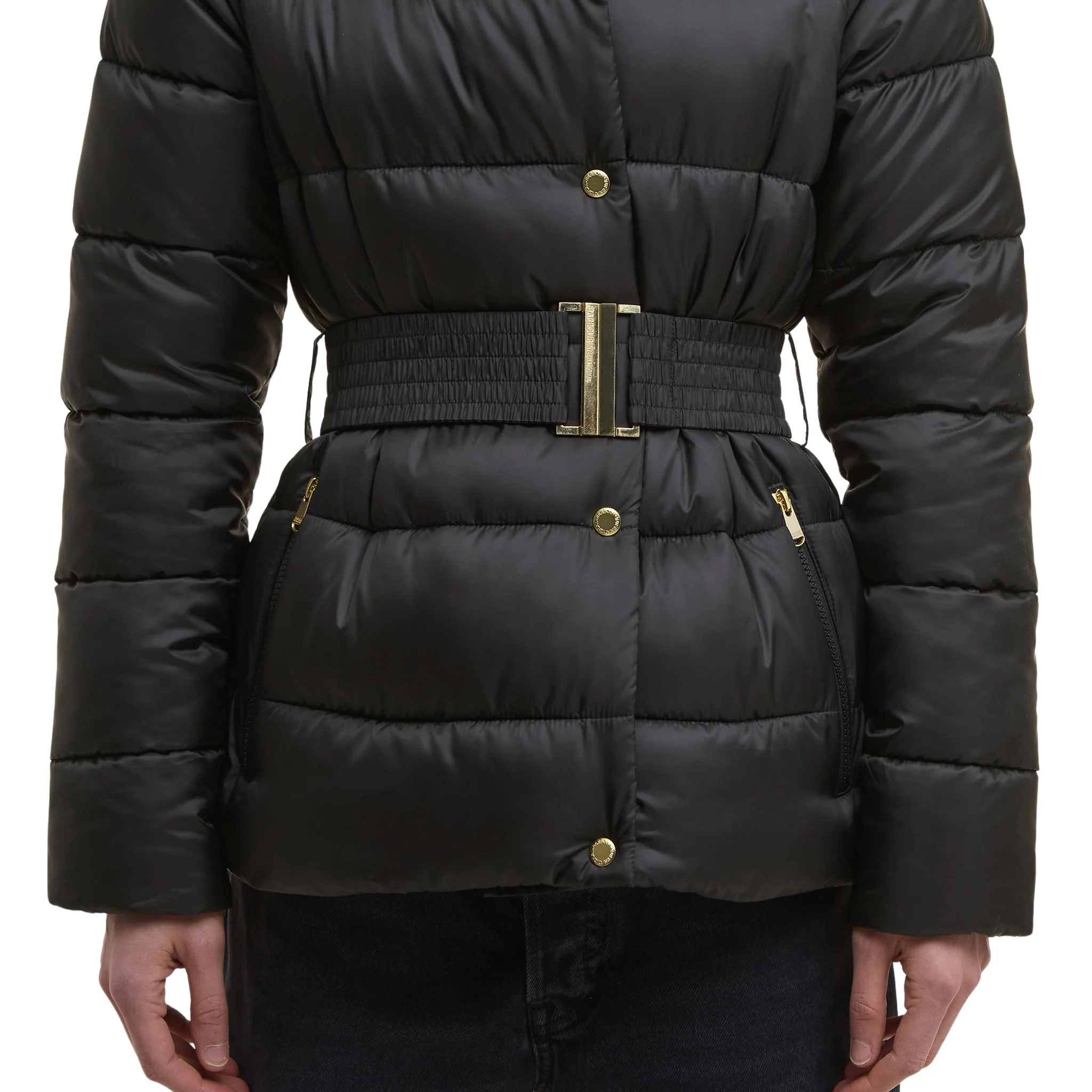 Womens Barbour International Black/Jasmine Leopard Short Track Line Padded Jacket - Image 3