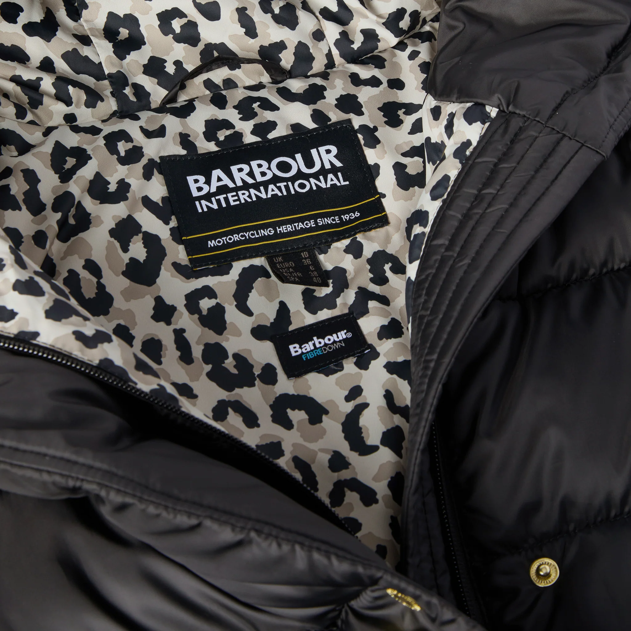 Womens Barbour International Black/Jasmine Leopard Short Track Line Padded Jacket - Image 5