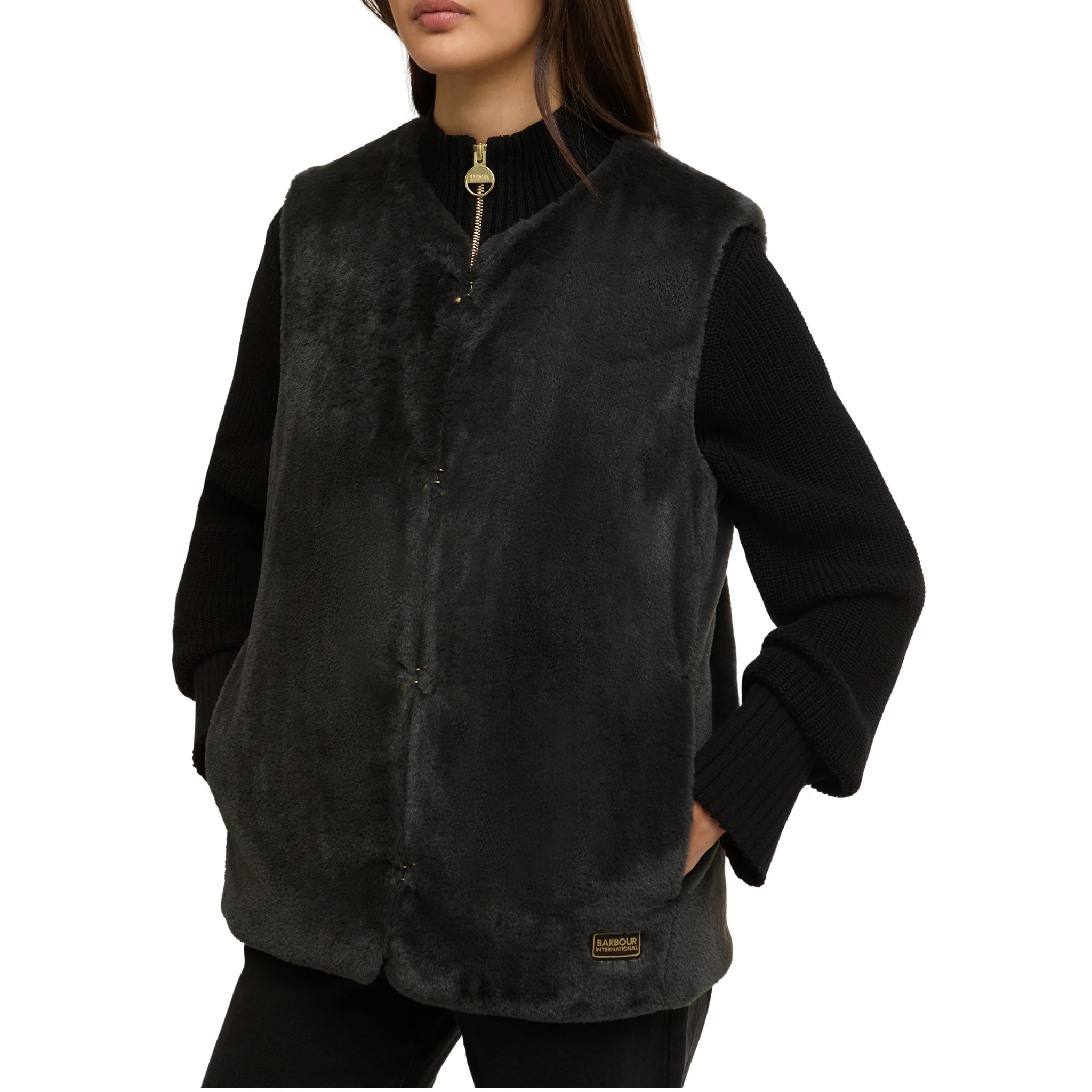 Womens Barbour International Black Mialn Fur Gilet - Image 3