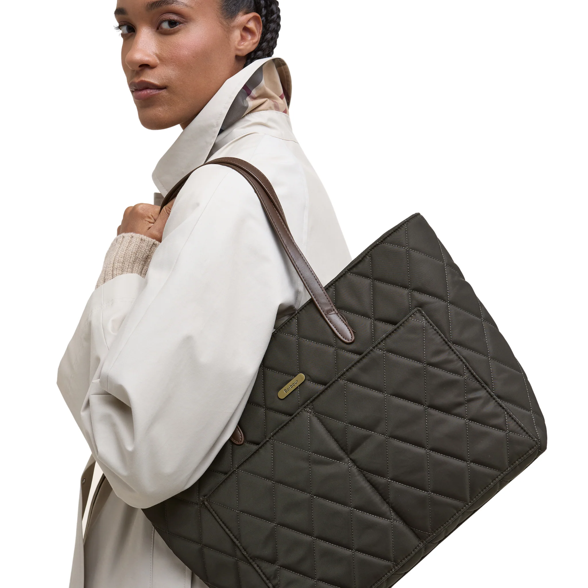 Womens Barbour Olive Quilted Tote Bag - Image 3