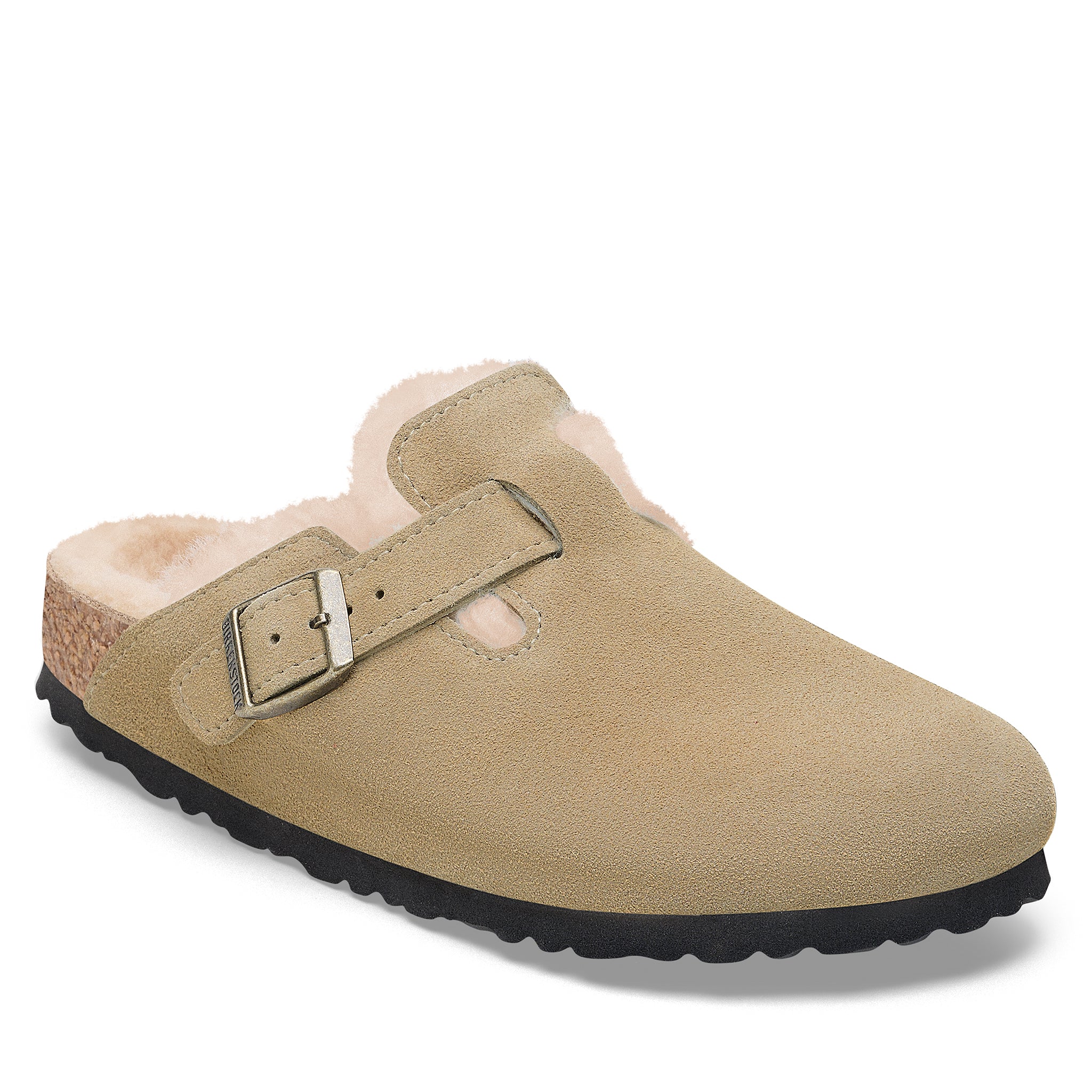Womens Birkenstock Taupe Boston Shearling Suede Clogs - Image 2