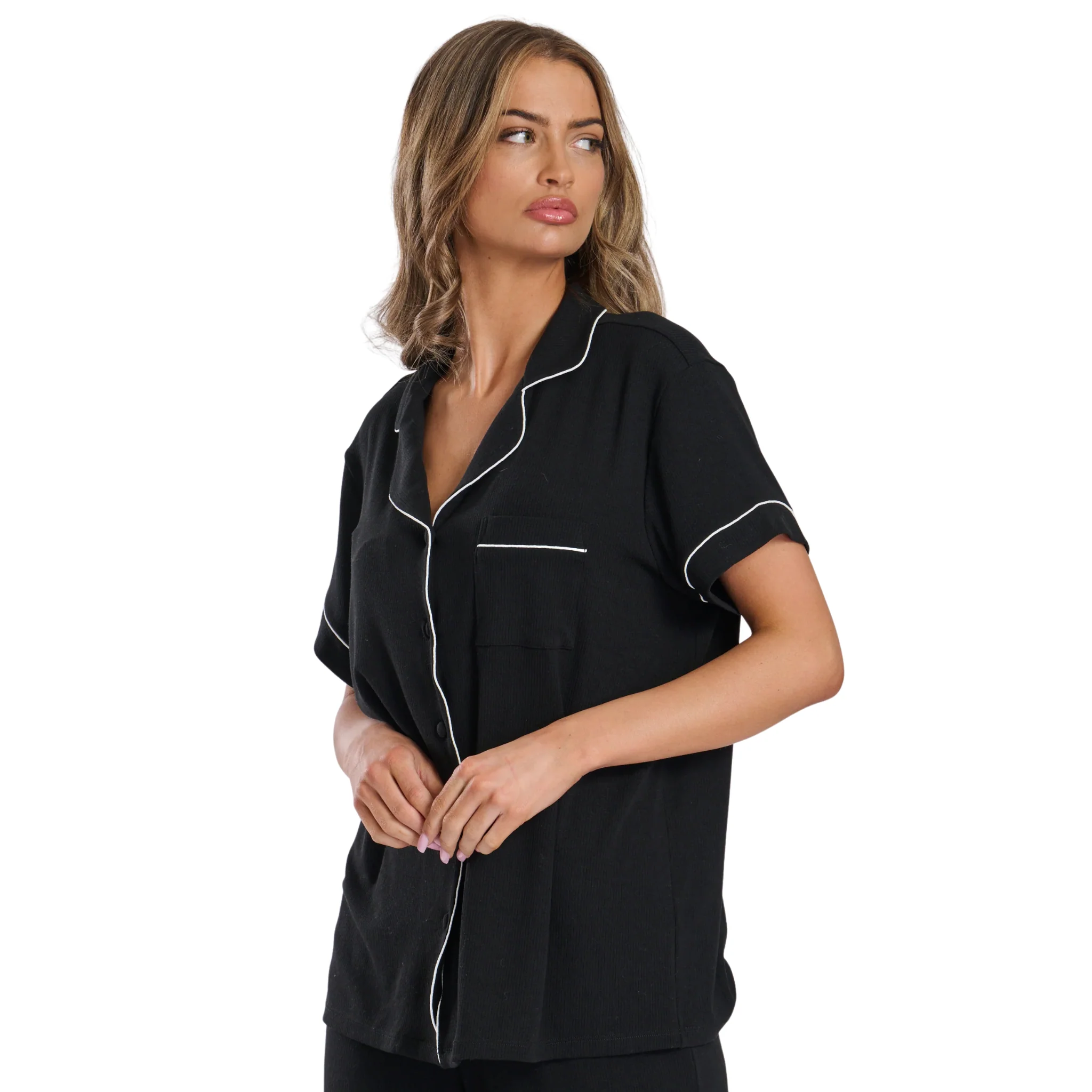 Womens Black Ribbed S/s Pyjama Trouser Set - Image 2