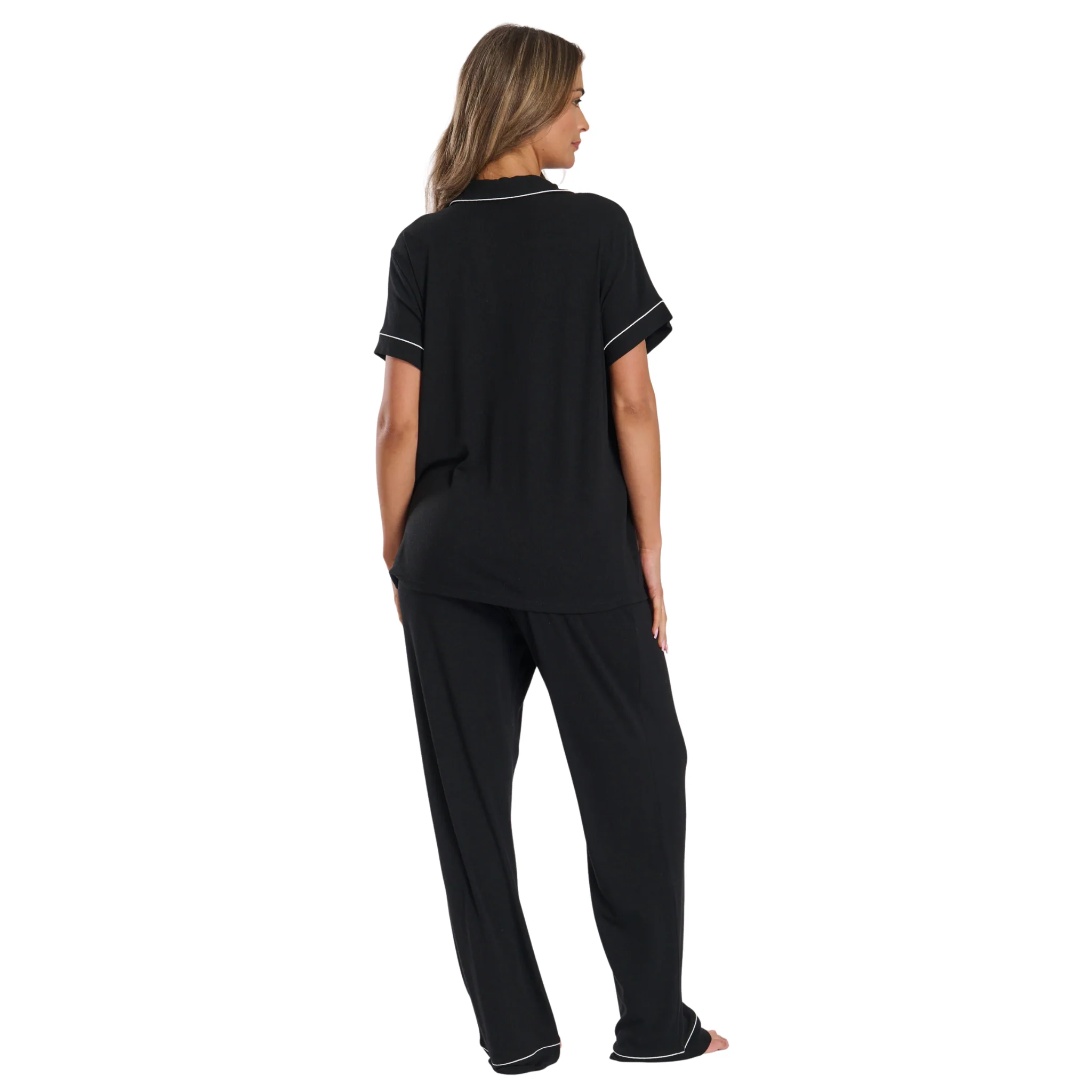 Womens Black Ribbed S/s Pyjama Trouser Set - Image 3