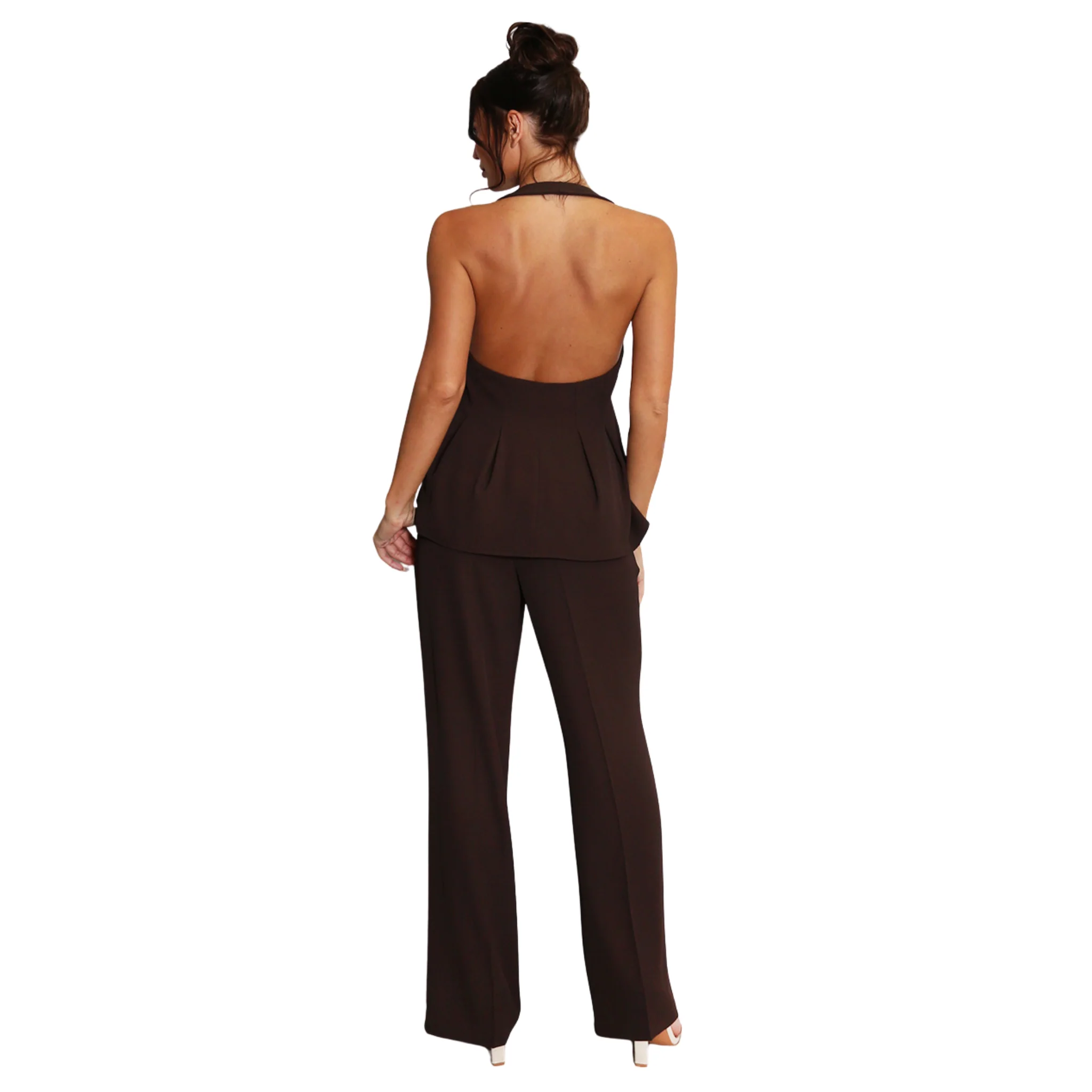 Womens Brown Peplum Hem Halterneck Waistcoat & Trousers Set - Image 2