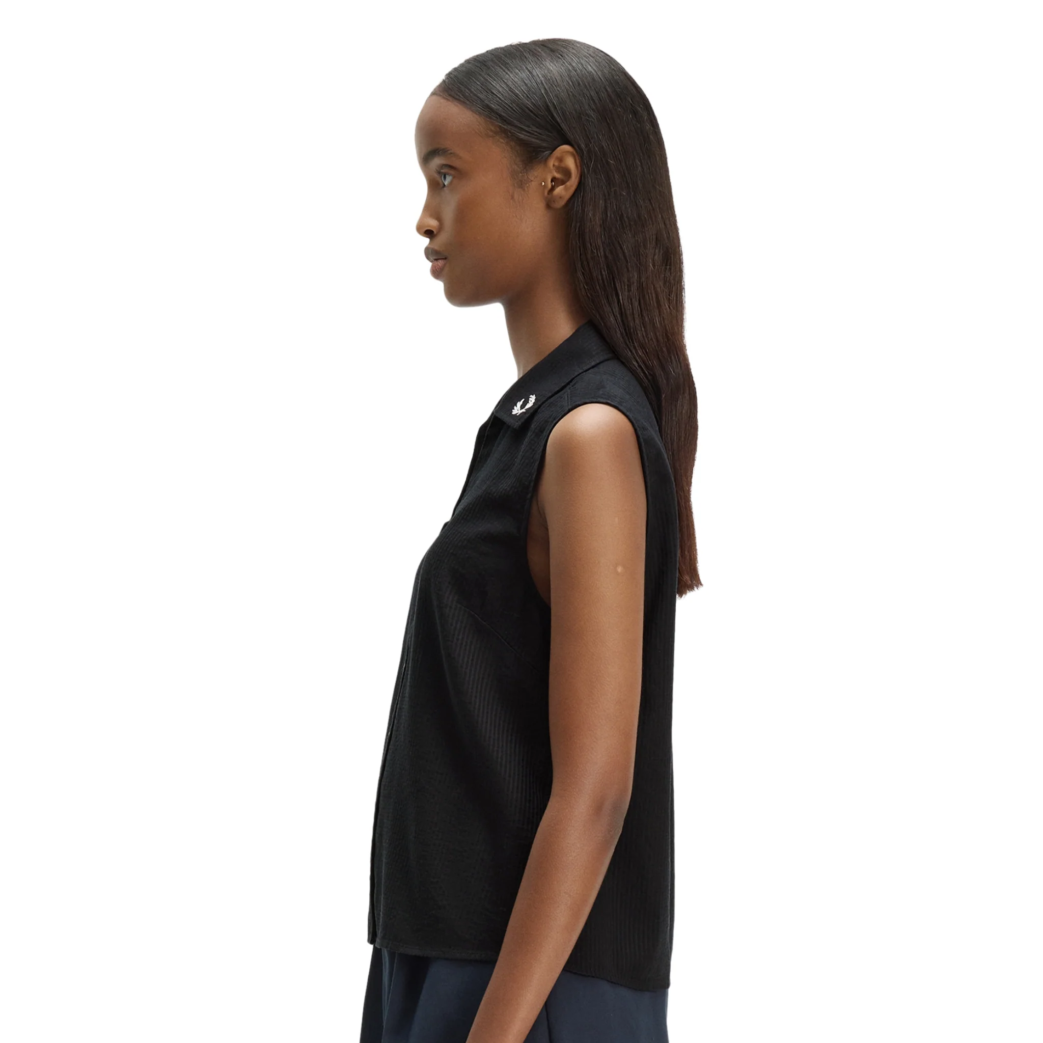 Womens Fred Perry Black Sheer Stripe Sleeveless Shirt - Image 5