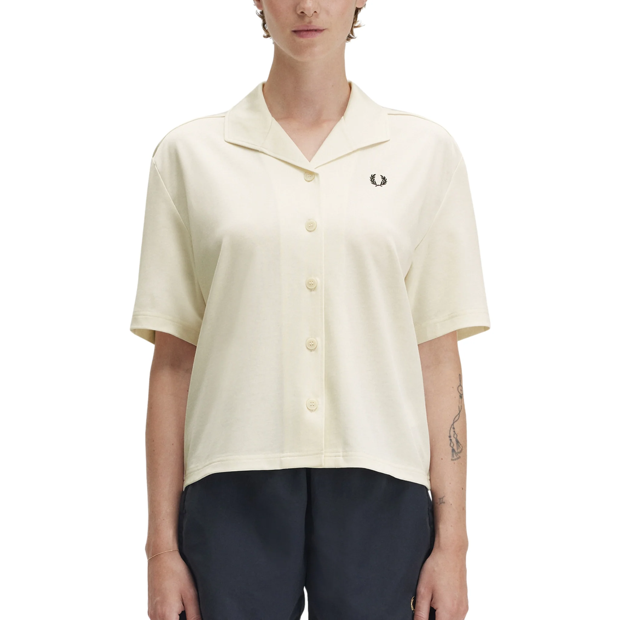 Womens Fred Perry Ecru Open Collar Jersey S/s Shirt - Image 2