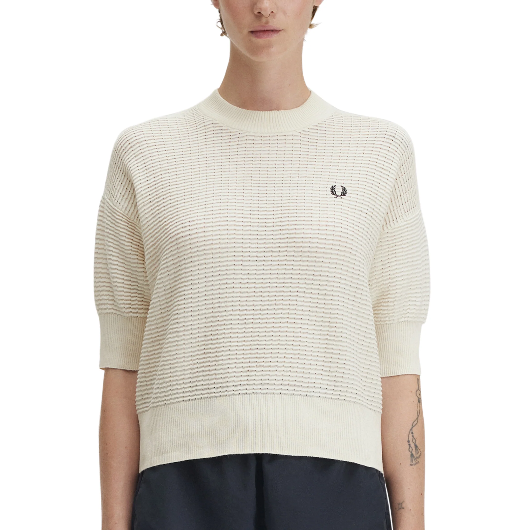 Womens Fred Perry Ecru Textured Knit High Neck Jumper - Image 2