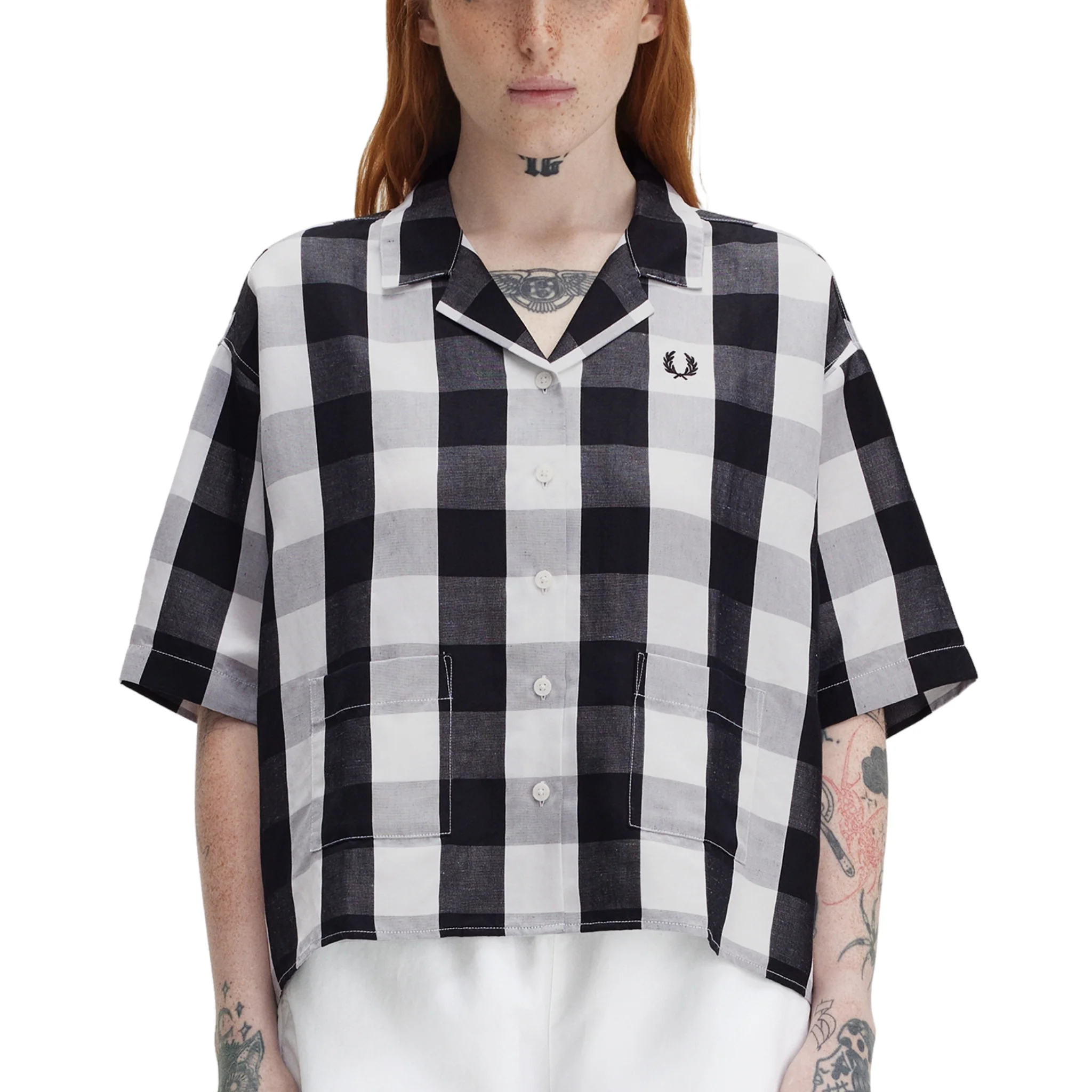 Womens Fred Perry White Monochrome Check S/s Shirt - Image 2