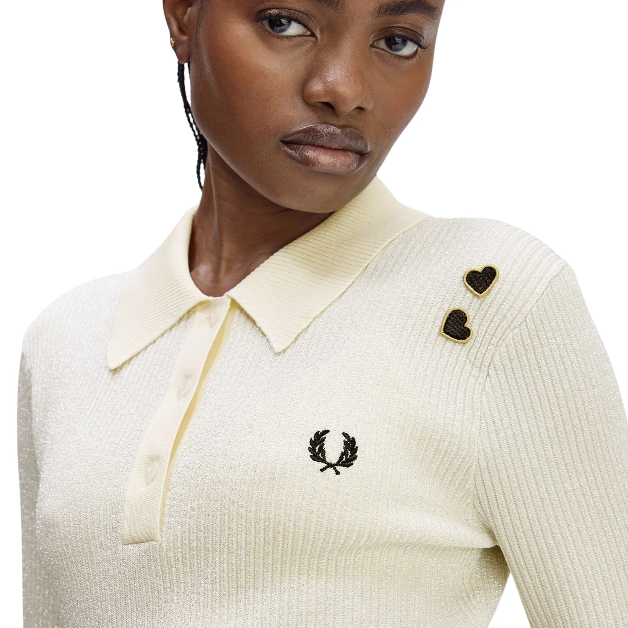 Womens Fred Perry x Amy Winehouse Ecru Metallic Rib Knit S/s Polo Shirt - Image 3