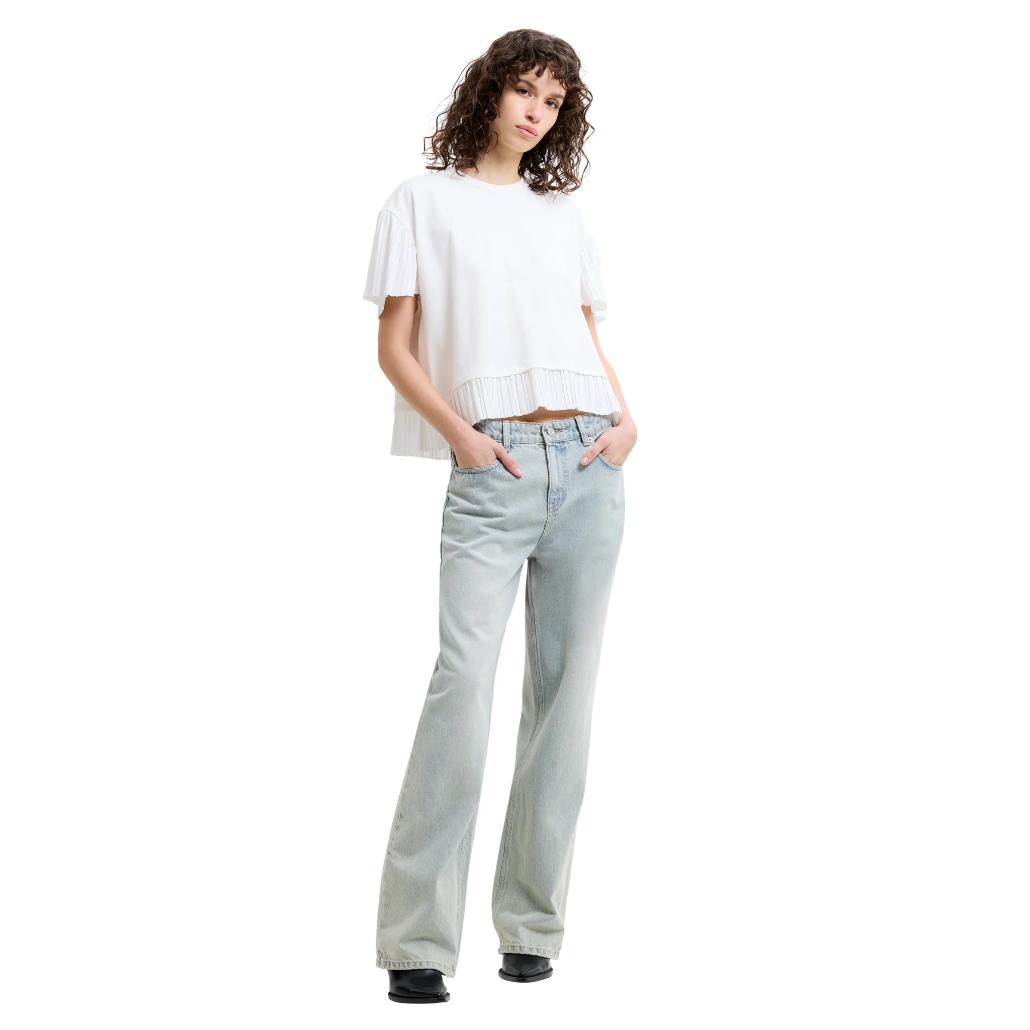 Womens French Connection Linen White Rallie Plisse Trim S/s T Shirt - Image 3