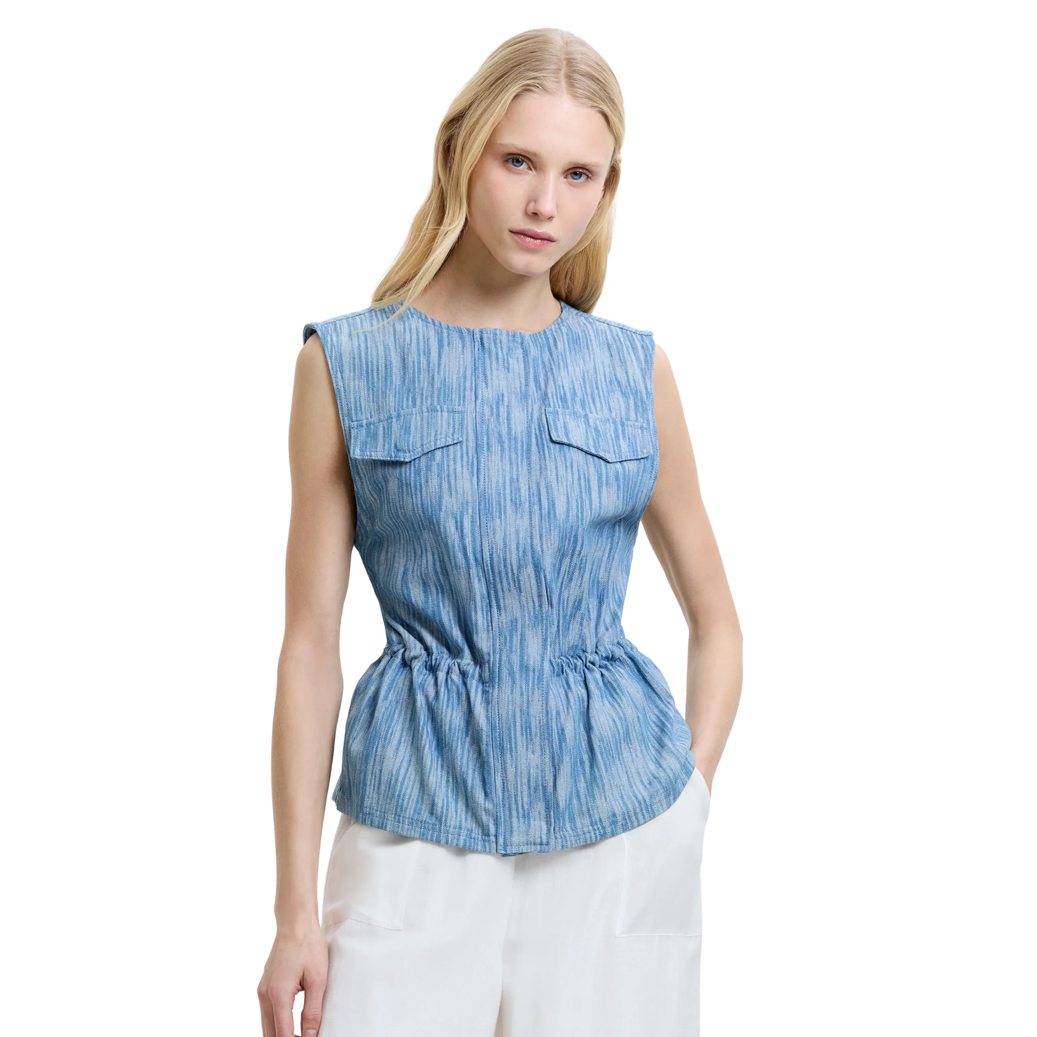 Womens French Connection Mid Blue Bessie Textured Denim Waistcoat - Image 3