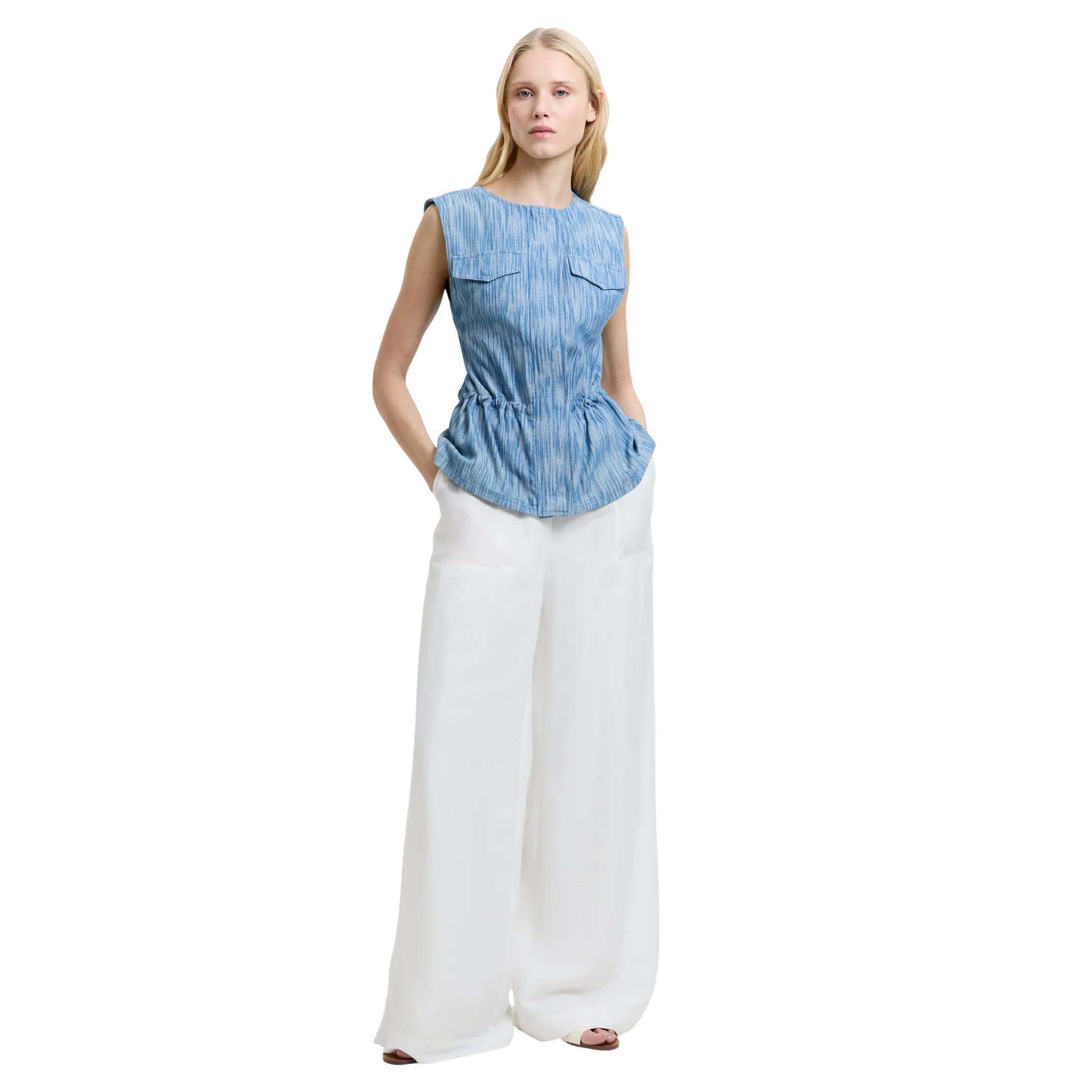 Womens French Connection Mid Blue Bessie Textured Denim Waistcoat - Image 4