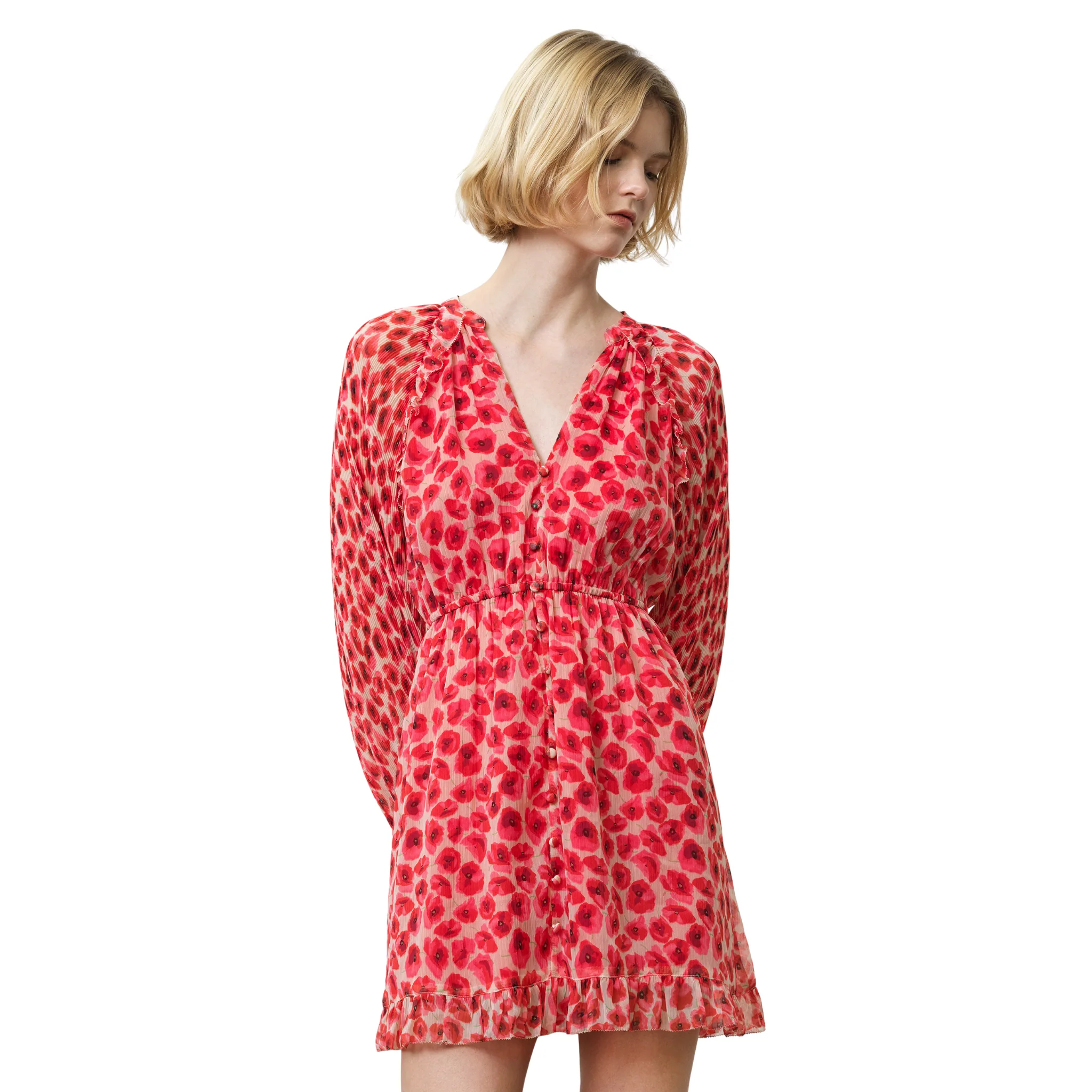 Womens French Connection Red Multi Poppy Emina Pleated Sleeve Dress - Image 3