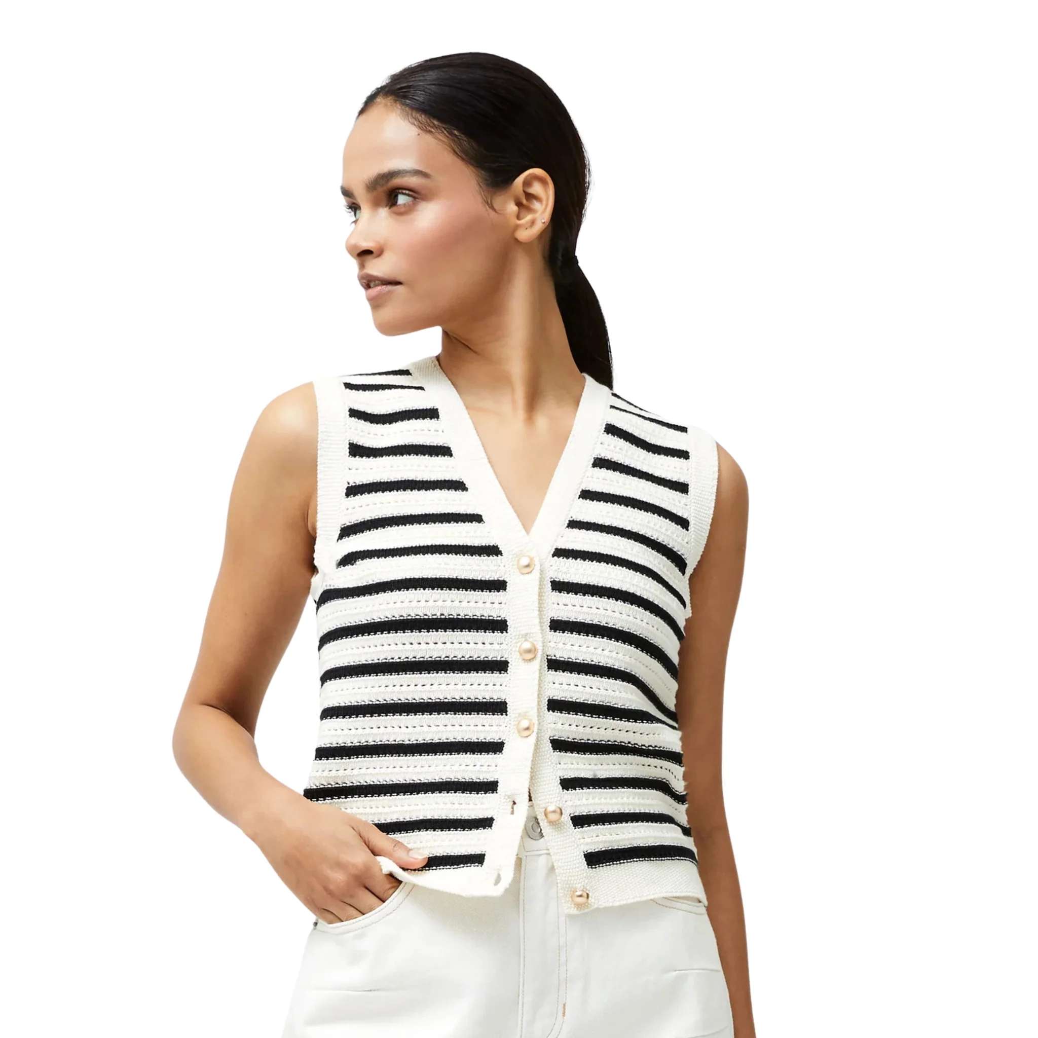 Womens French Connection Summer White/Navy Lumi Mozart Knit Waistcoat - Image 2
