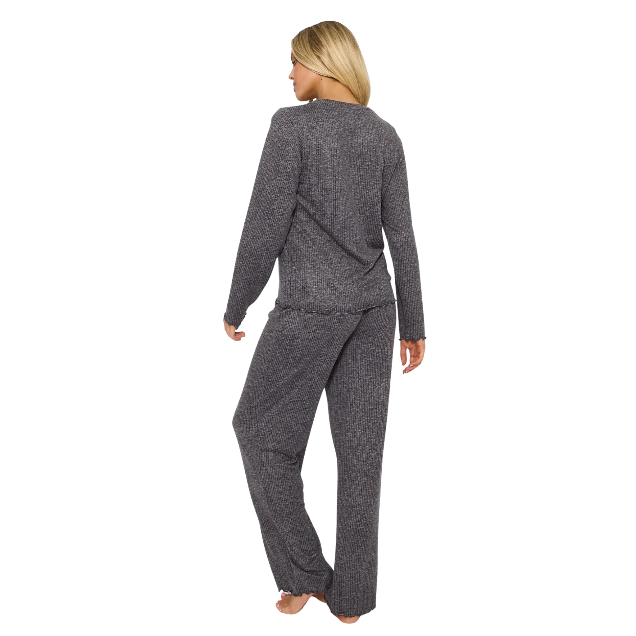 Womens Grey Marl Brushed Rib L/s Pyjama Set - Image 4