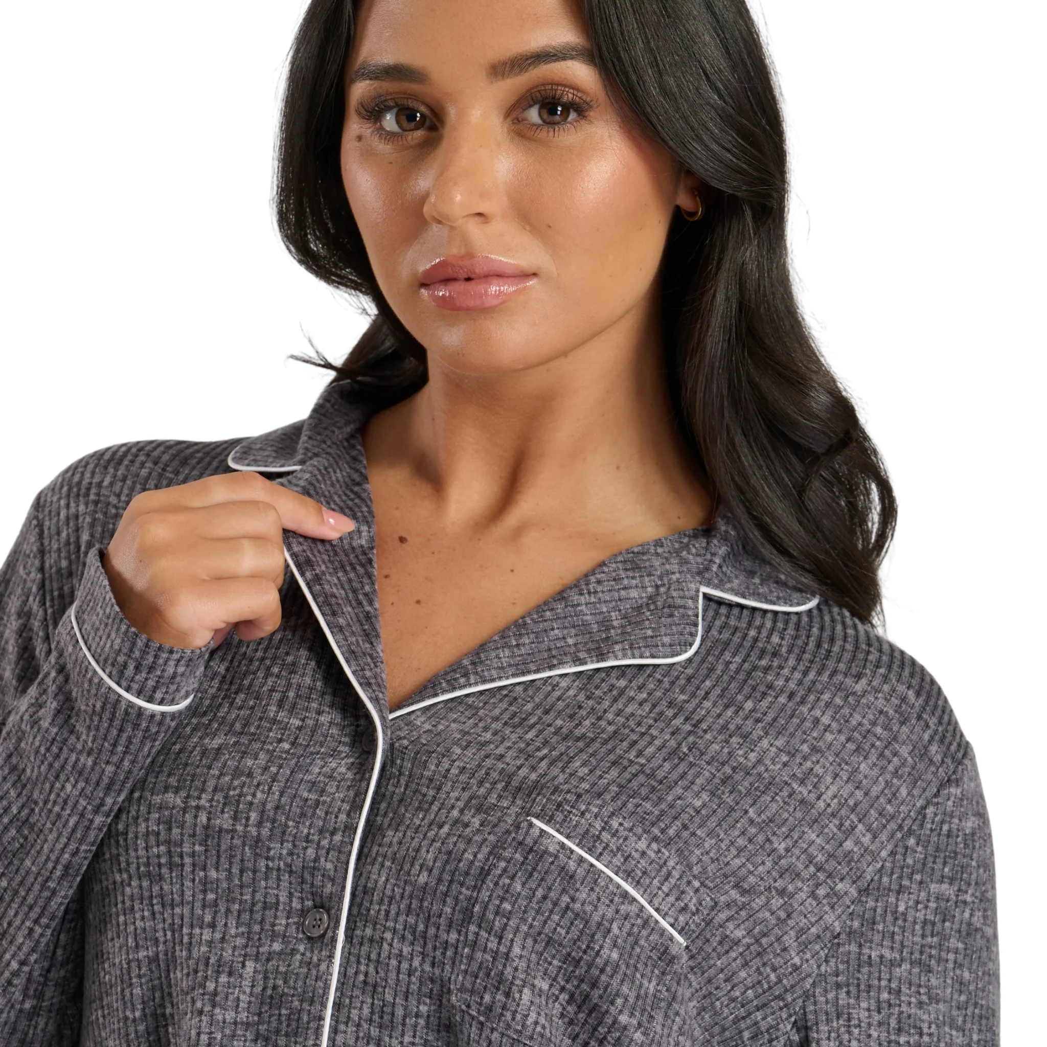 Womens Grey Marl Brushed Rib Long Sleeve Buttoned Pyjamas - Image 2