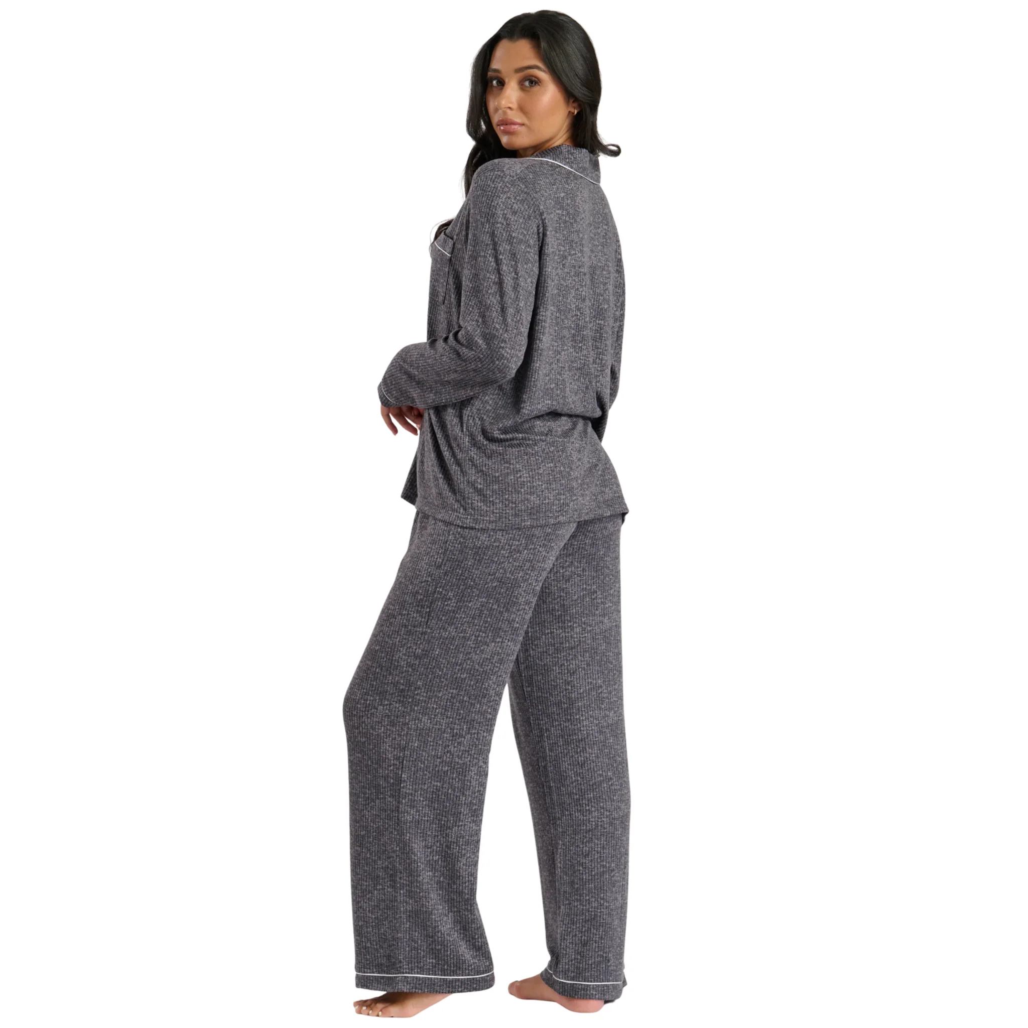 Womens Grey Marl Brushed Rib Long Sleeve Buttoned Pyjamas - Image 3