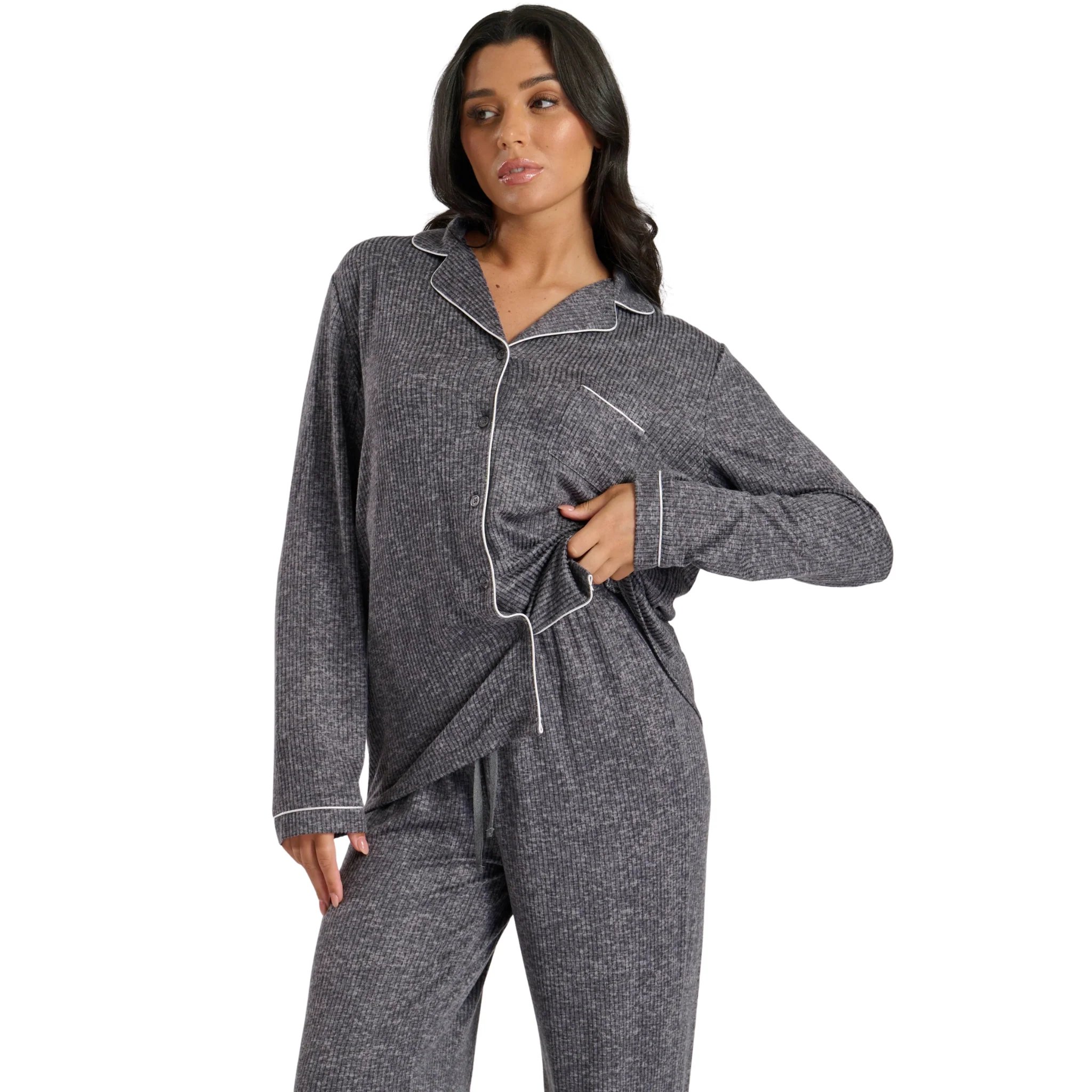 Womens Grey Marl Brushed Rib Long Sleeve Buttoned Pyjamas - Image 4