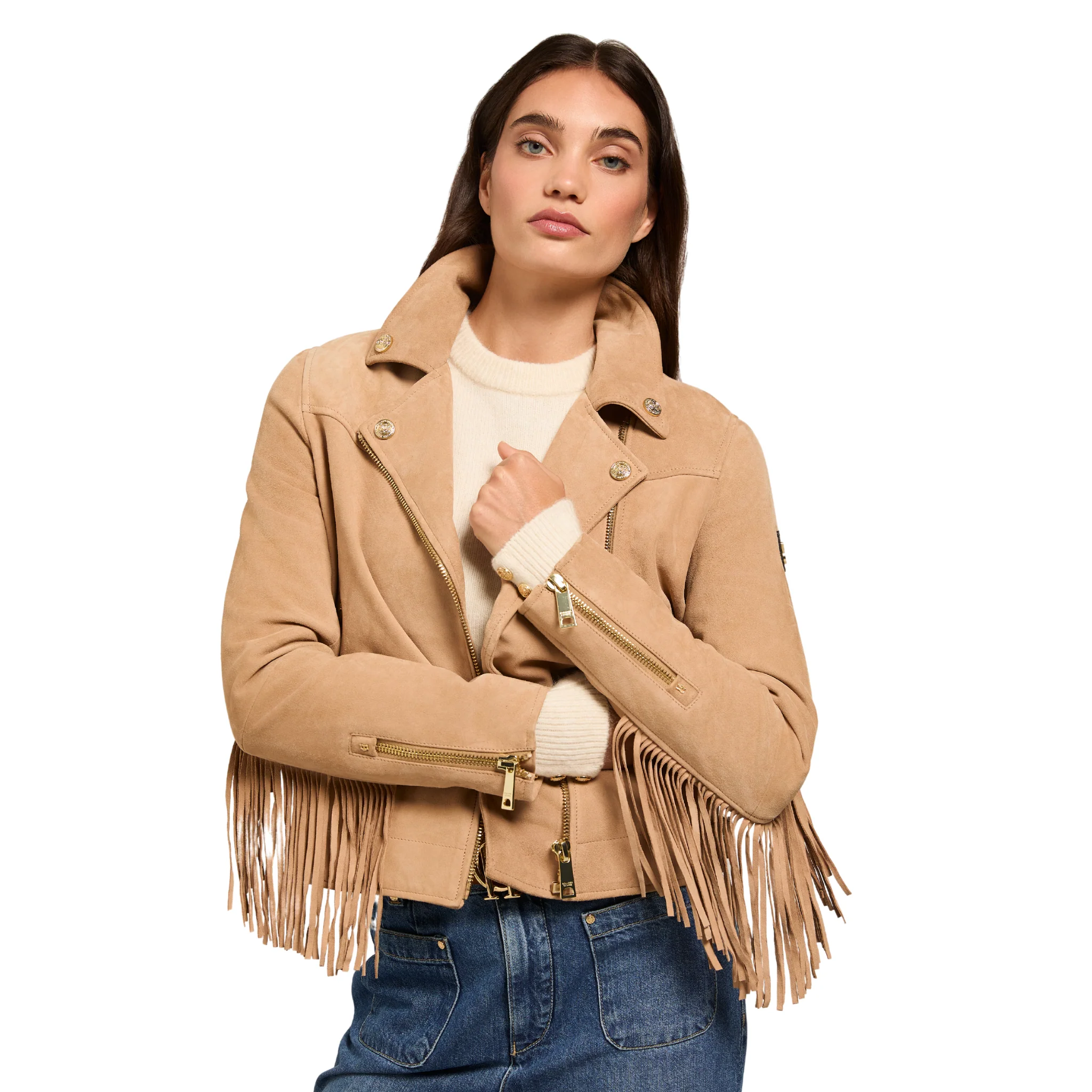 Womens Holland Cooper Camel Fringed Suede Biker Jacket - Image 2
