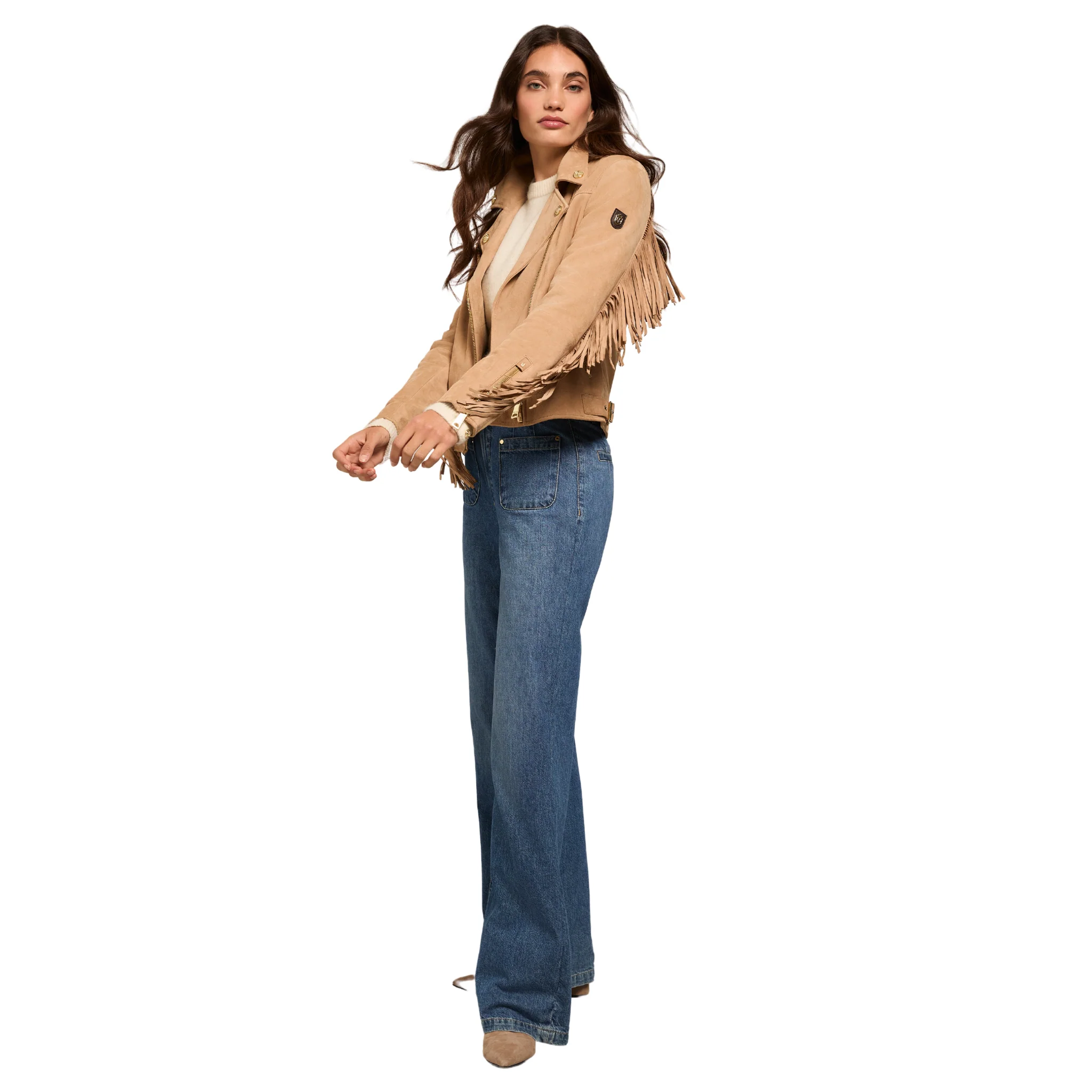 Womens Holland Cooper Camel Fringed Suede Biker Jacket - Image 3