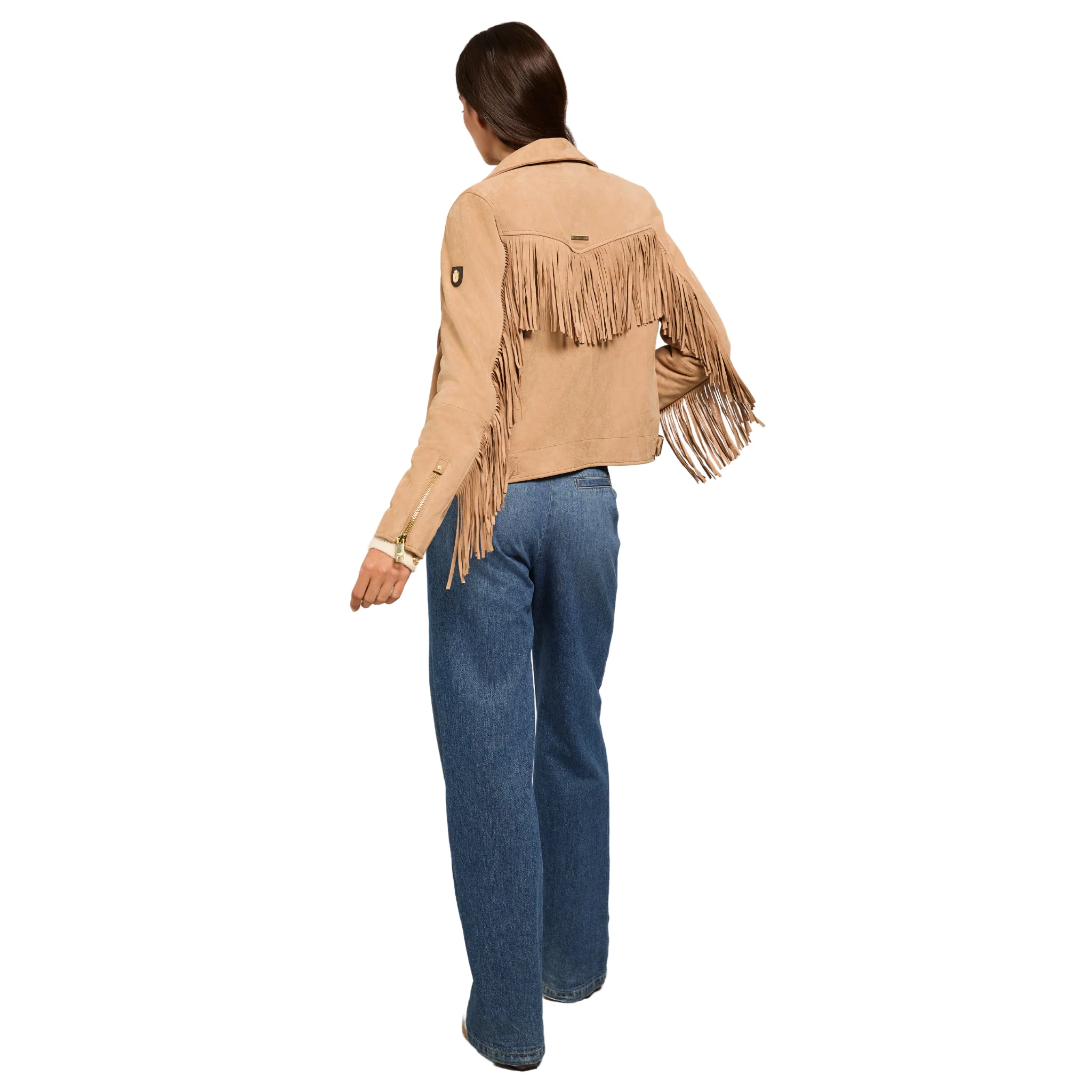 Womens Holland Cooper Camel Fringed Suede Biker Jacket - Image 4
