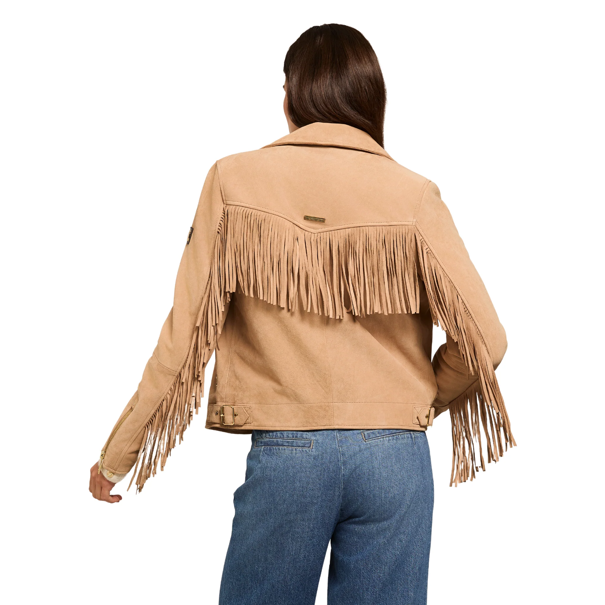 Womens Holland Cooper Camel Fringed Suede Biker Jacket - Image 5